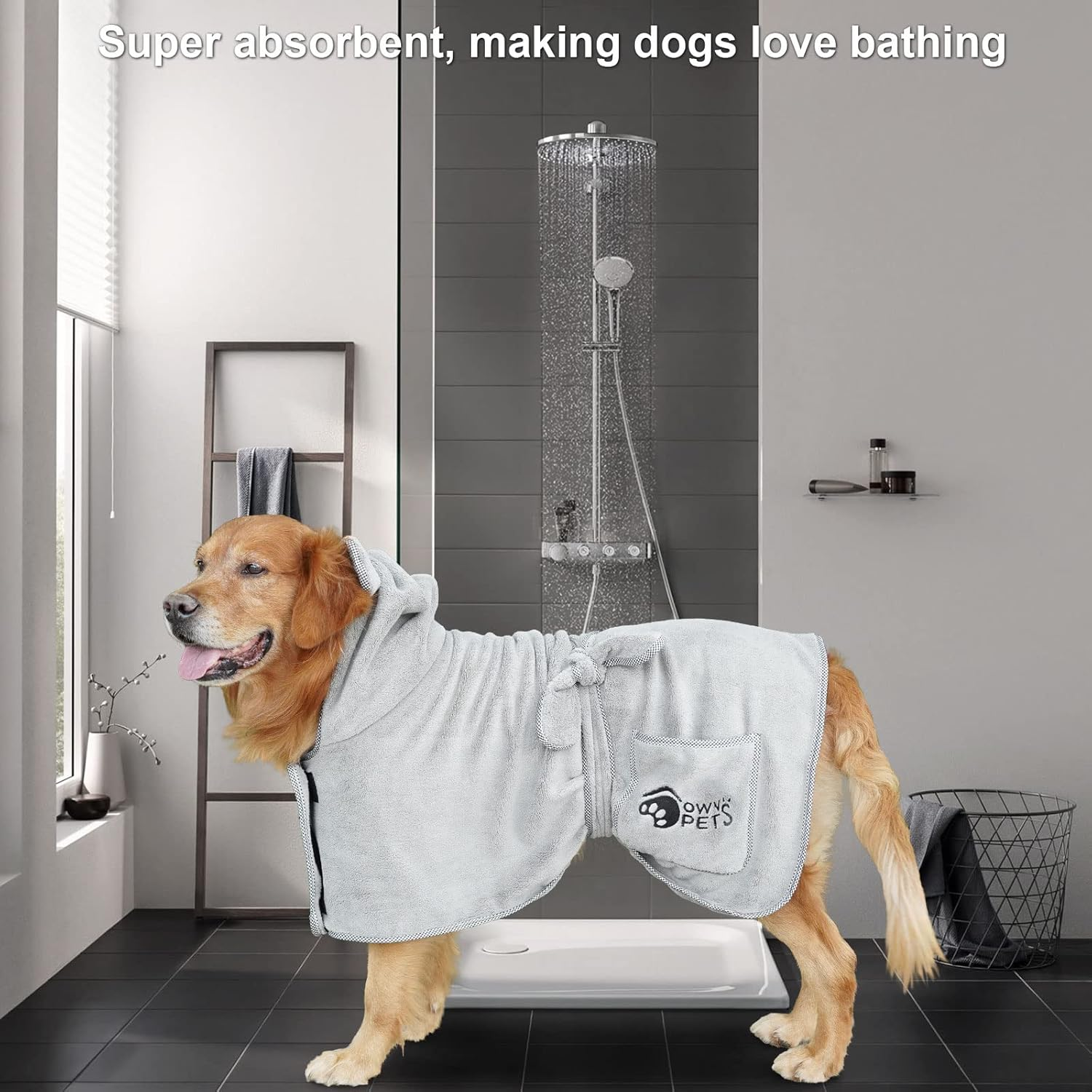 Ownpets Dog Bathrobe Towel, Super Absorbent Soft Dog Drying Robe with Cap & Pocket for Bathing & Beach Trips, Microfibre Fast Drying Dog Towel Robe for Dogs and Cats(Large)