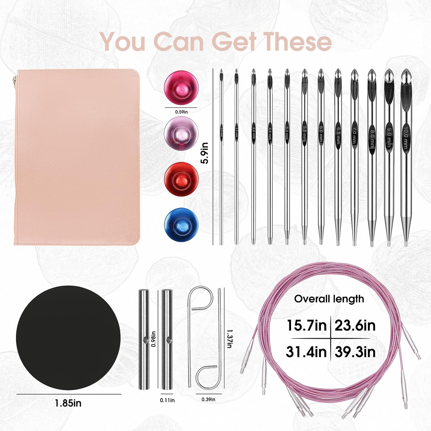 Tunisian Crochet Hooks Set with Cable 6-Inch Aluminum Interchangeable Crochet Hooks Set 3Mm-10Mm Long Crochet Hooks 26Pic (Pink) image number 5