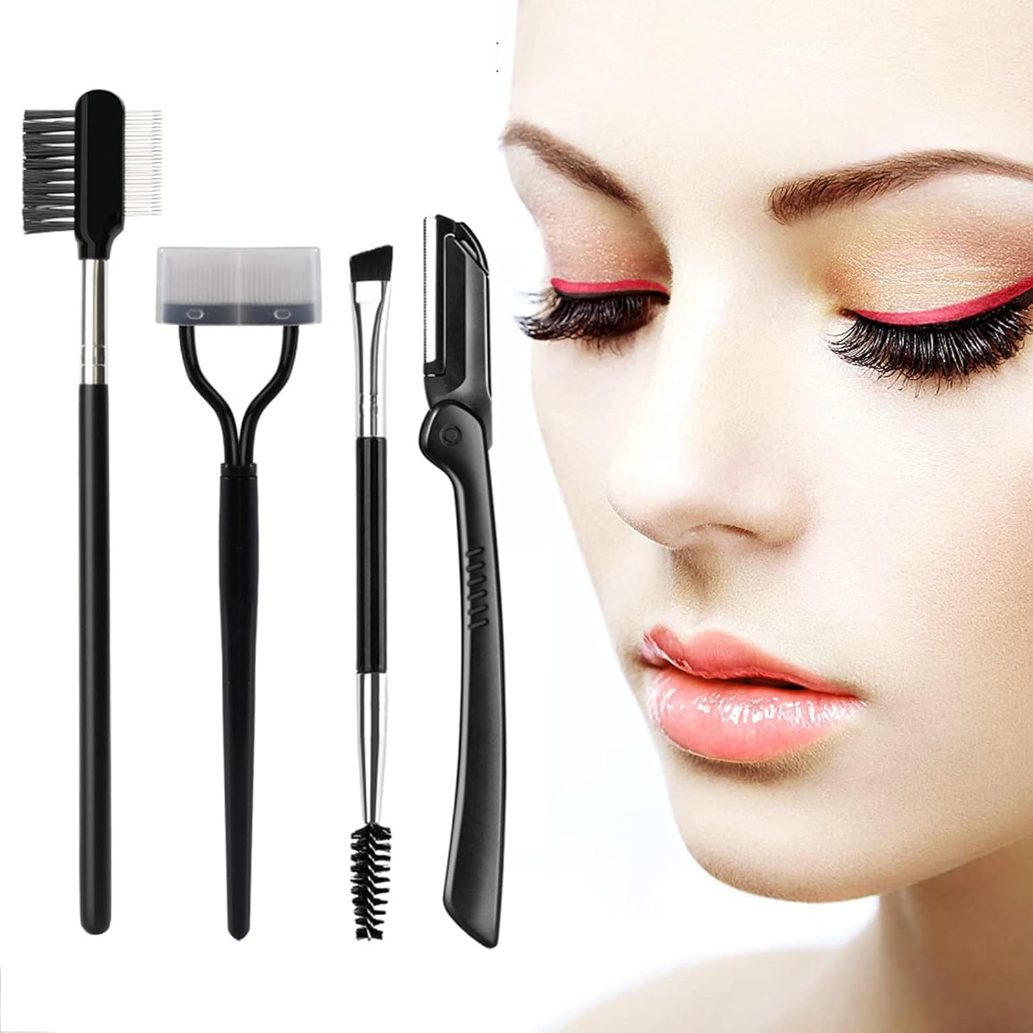 4-Piece Eyebrow Set, Eyelash Comb Eyebrow Brush, Eyebrow Comb Stainless Steel Care Brush, with Folding Eyebrow Trimmer