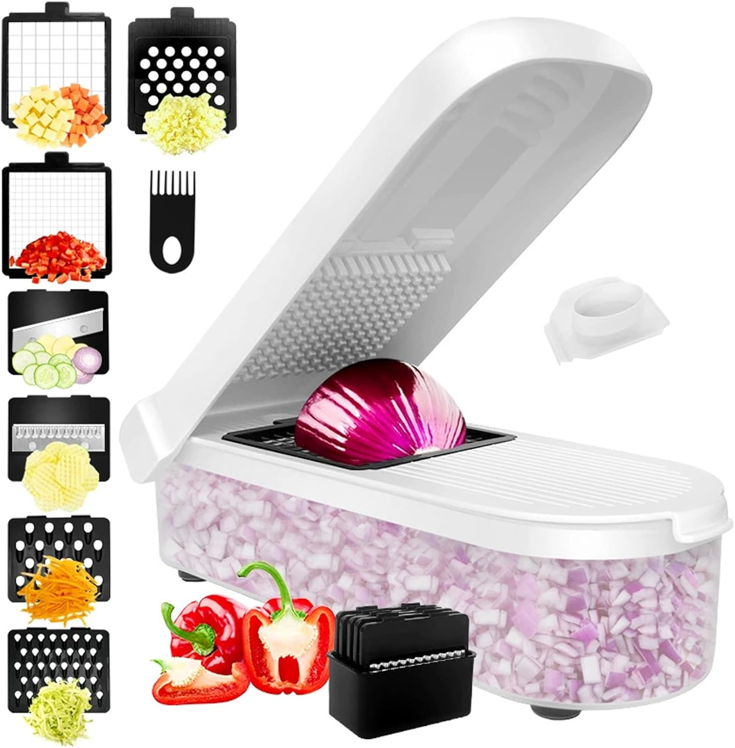 Vegetable Chopper Cutter Stainless Steel Slicer Cheese Grater Food Onion Salad Veggie Food Chopper with Container for Onion Salad (Black)