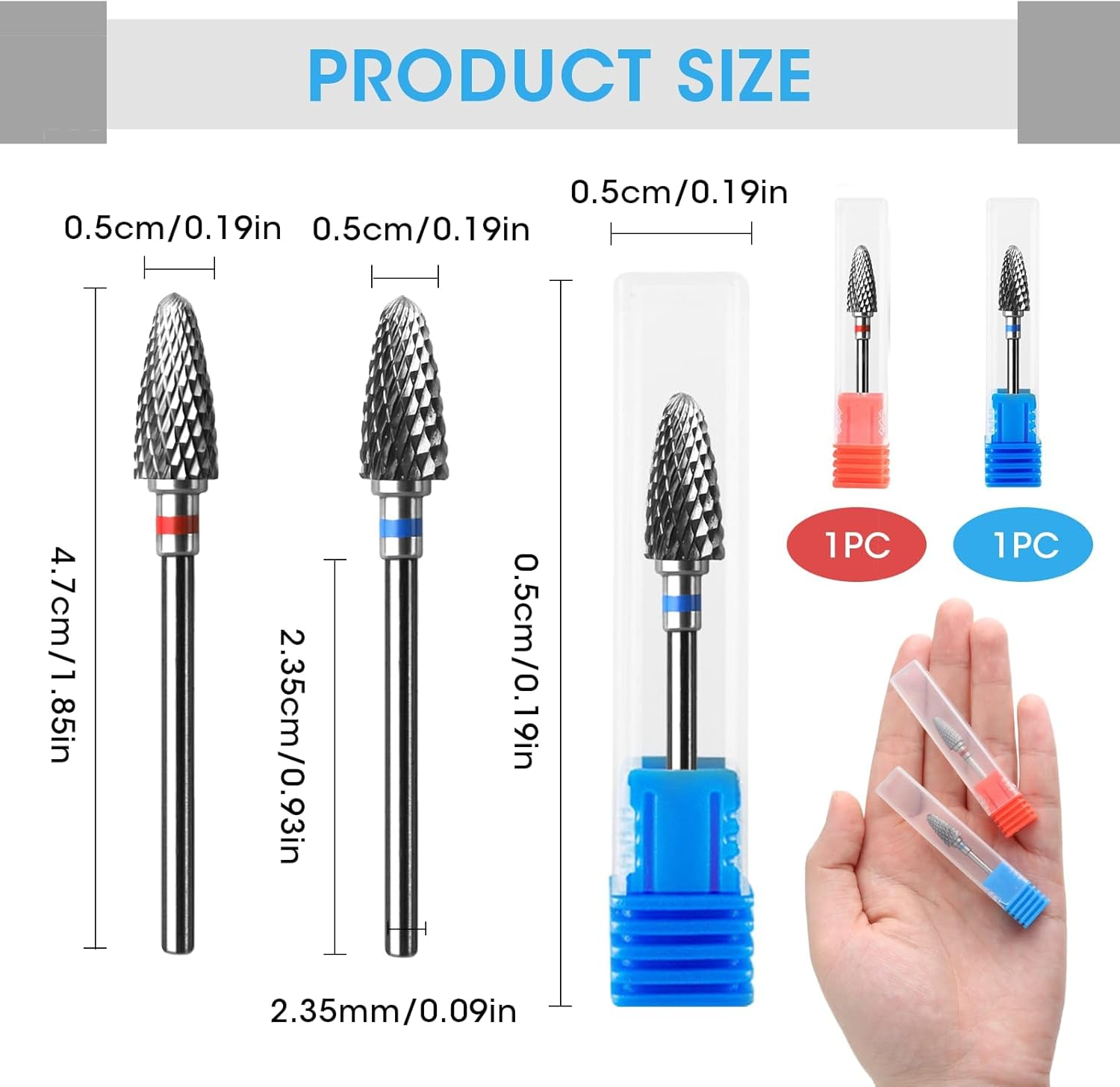 2 PCS Carbide Nail Drill Bits with Case, 3/32" 5 in 1 Tungsten Drill Bit Set for Nail Salon Manicure Pedicure Gel Polishing Cuticle Cleaner (Round Head) image number 2