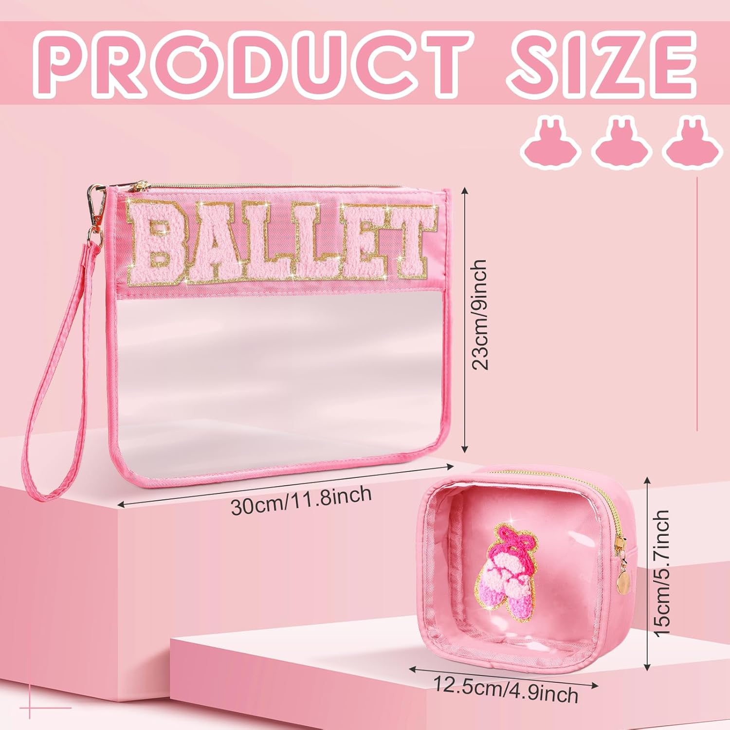 Hillban 2 Pcs Ballet Gifts Chenille Letter Bags Preppy Patch Makeup Bag Flat Clear Pouch PVC Organizer Purse Waterproof Travel Cosmetic Bag Portable Bag for Women Girl (Ballet Theme), Pink image number 3