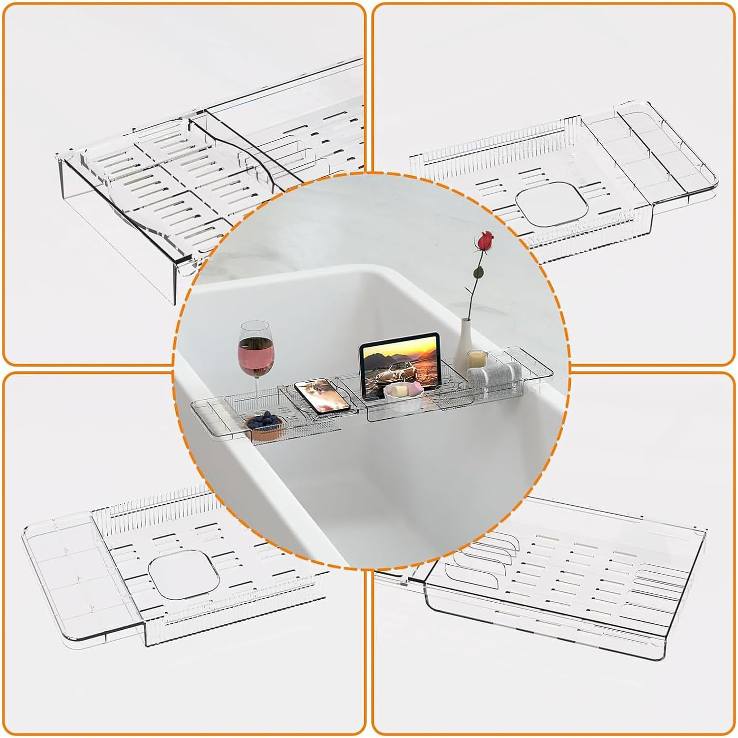 ROROUP Luxury Expandable Bathtub Tray for Tub, Clear Bath Tray with Adjustable Length, Bathtub Accessories for Relaxing, Bath Accessories for Women image number 4