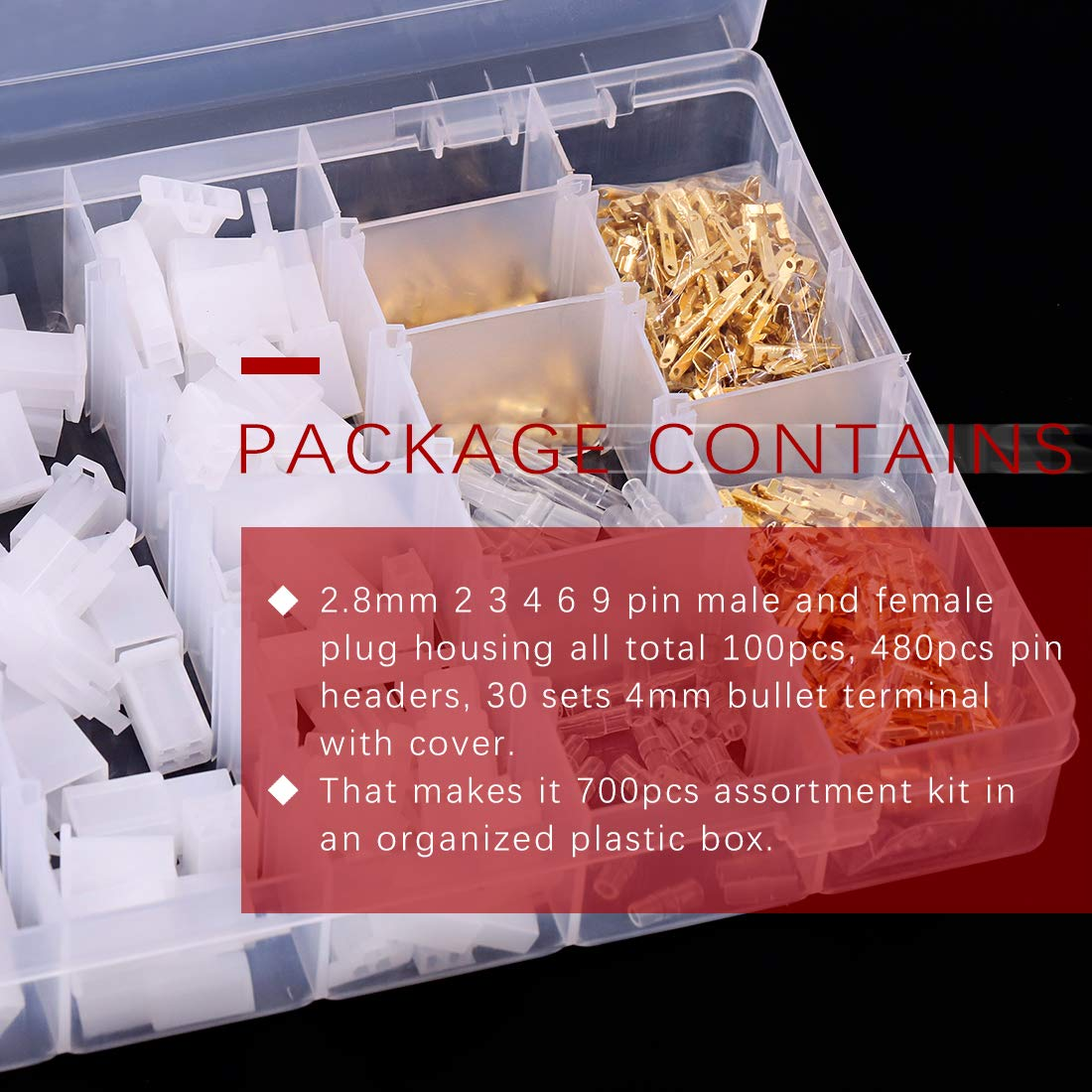 Hilitchi 700 Pcs 2.8Mm 2 3 4 6 9 Pin Automotive Electrical Wire Connectors Pin Header Crimp Wire Terminals Assortment Kit with 30 Sets 4Mm Car Motorcycle Bullet Terminal Wire Connectors with Cover image number 3