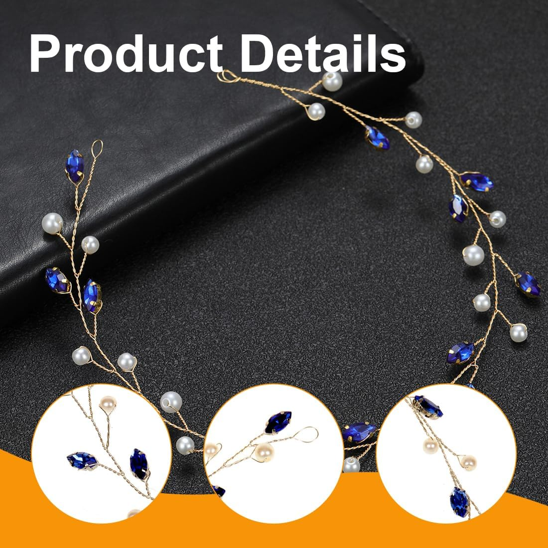 LQIOACU Headpiece Wedding Blue Headpiece Bridal Hair Vine Crystal Headband Sparly Leaf Hair Vine Part Prom Hair Accessories for Bridesmaid and Flower Girls image number 3
