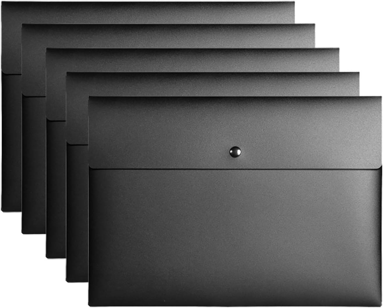 VANRA Poly File Folder Pockets File Jacket Plastic Envelope Flat Document Letter Organizer with Snap Button Closure A4 Letter Size (Pack of 5, Brown)