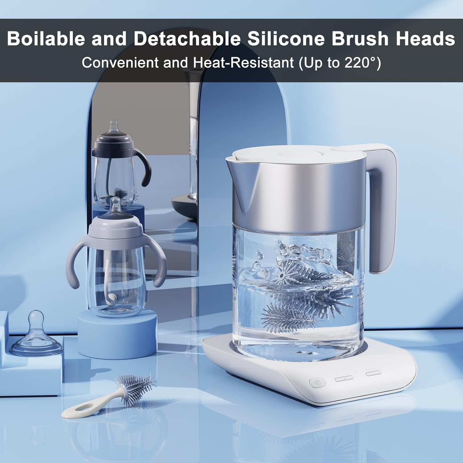 Silicone Bottle Brush Set with Stand, 360&deg; Rotating Bottle Cleaning Brush Cleaner Set, Long Handle 3 in 1 Multipurpose Silicone Baby Bottle Straw Cleaner Brush (Grey) - Green-Orange image number 3