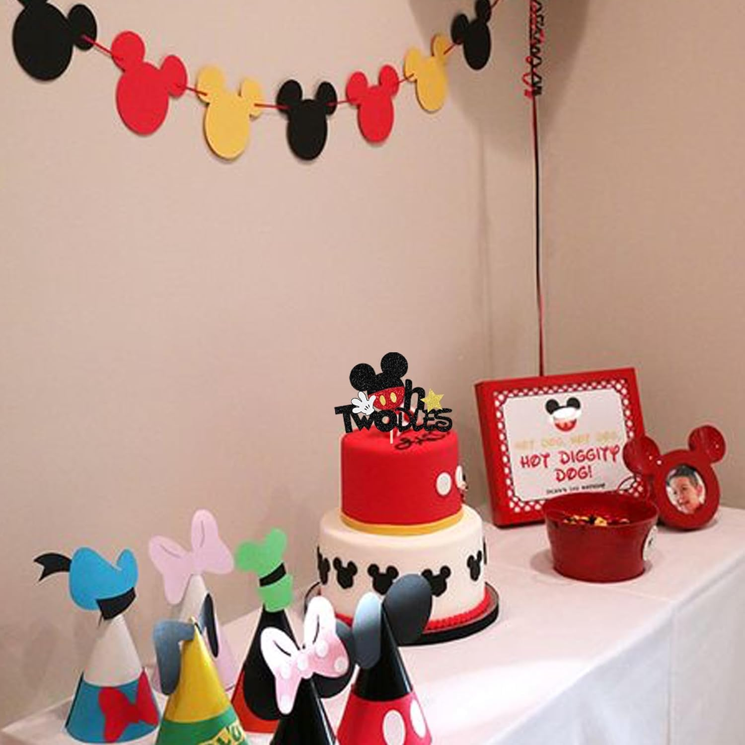 1 Pack Mouse Oh Twodles Birthday Cake Toppers - Glitter White Gloves Star Mouse Inspired Second Cake Pick for Baby Shower Kids Party Decorations Supplies Red (#4) image number 5