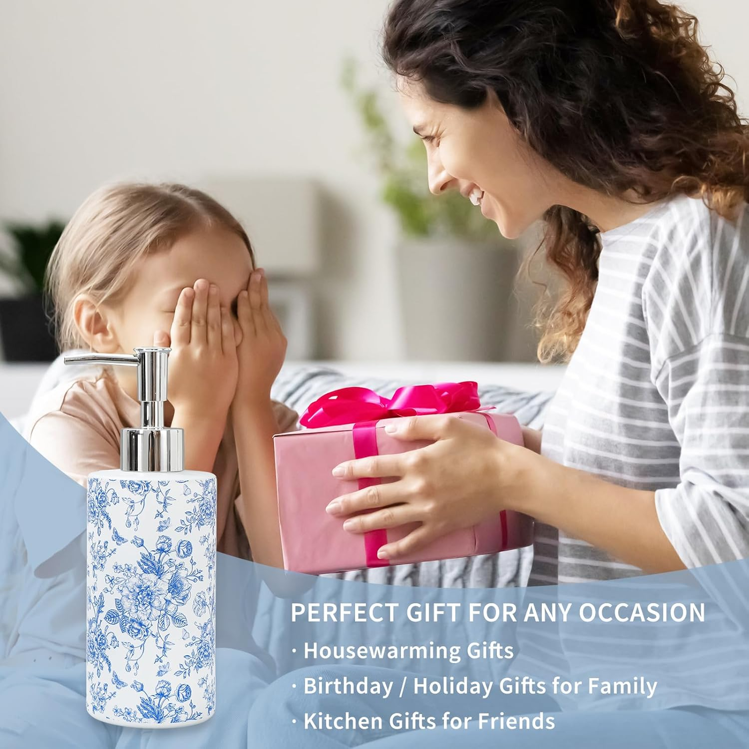 Jarthenaamcs Blue Floral Soap Dispenser Vintage Flower Butterfly Glass Dispenser with Pump Refillable Chinoiserie Liquid Soap Container for Farmhouse Home Kitchen Bathroom Countertop image number 6