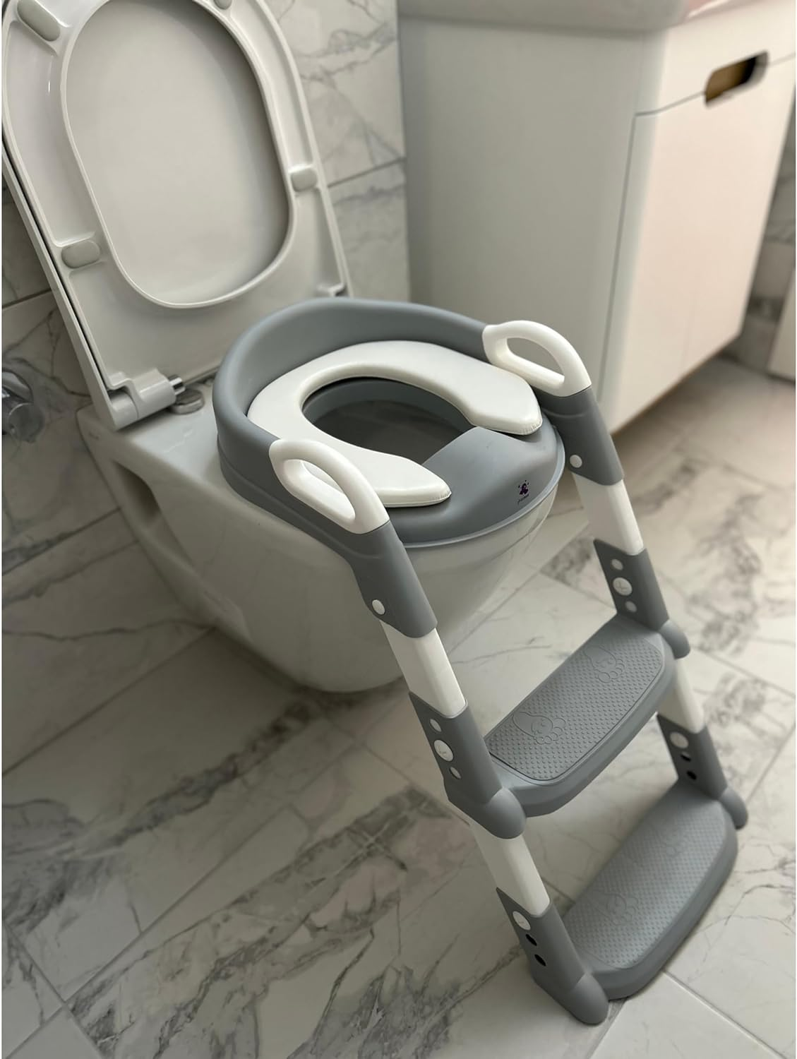 ASMAN Potty Training Seat, Adjustable and Foldable Toilet Seat with Ladder, Comfortable/Portable for Baby (White/Grey) image number 1