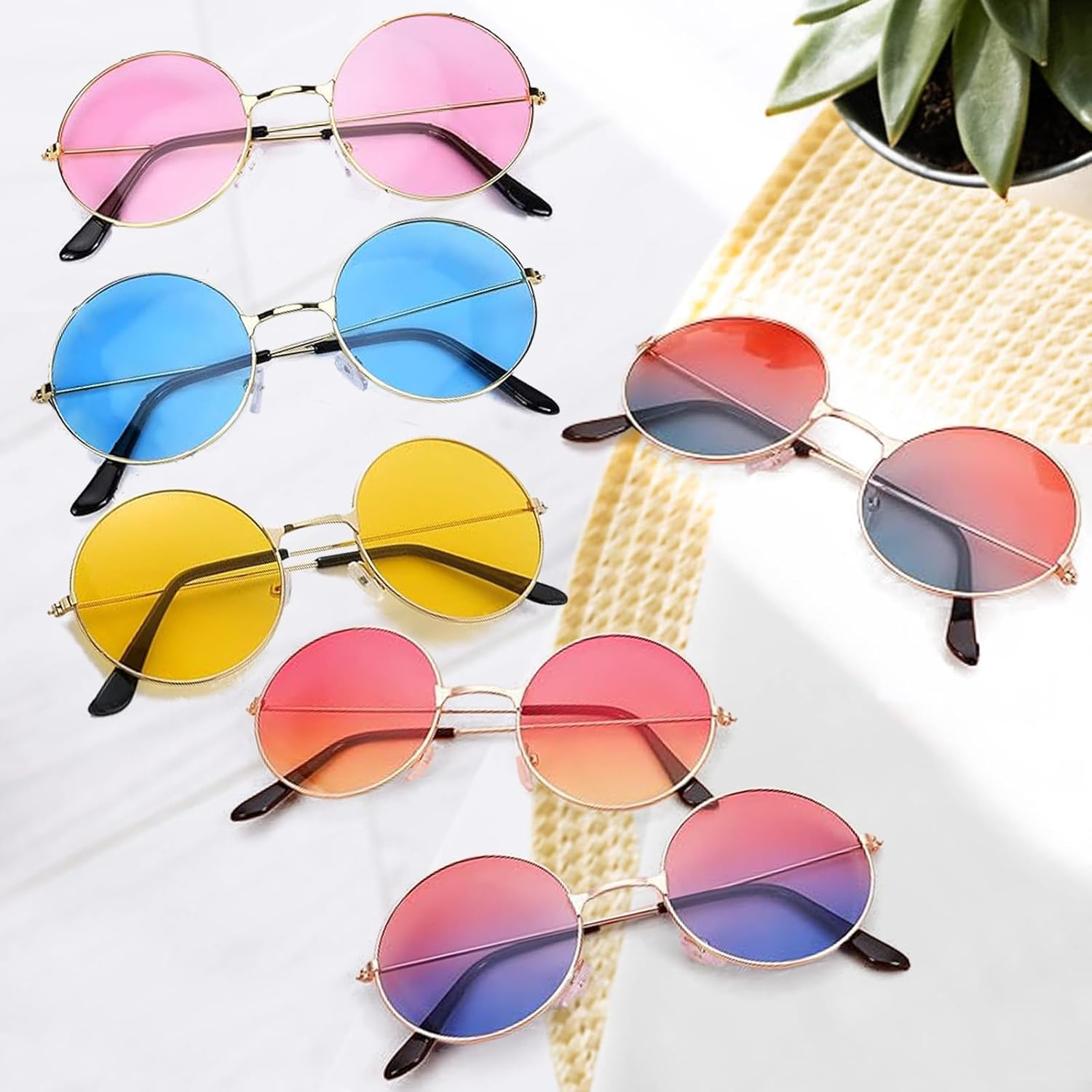 Round Hippy Specs Sunglasses 6PCS Retro Hippie Circle Glasses 60'S 70'S Style Retro Rave Glasses 6 Colors Hippie Fancy Dress Costume Accessories for Adults image number 6