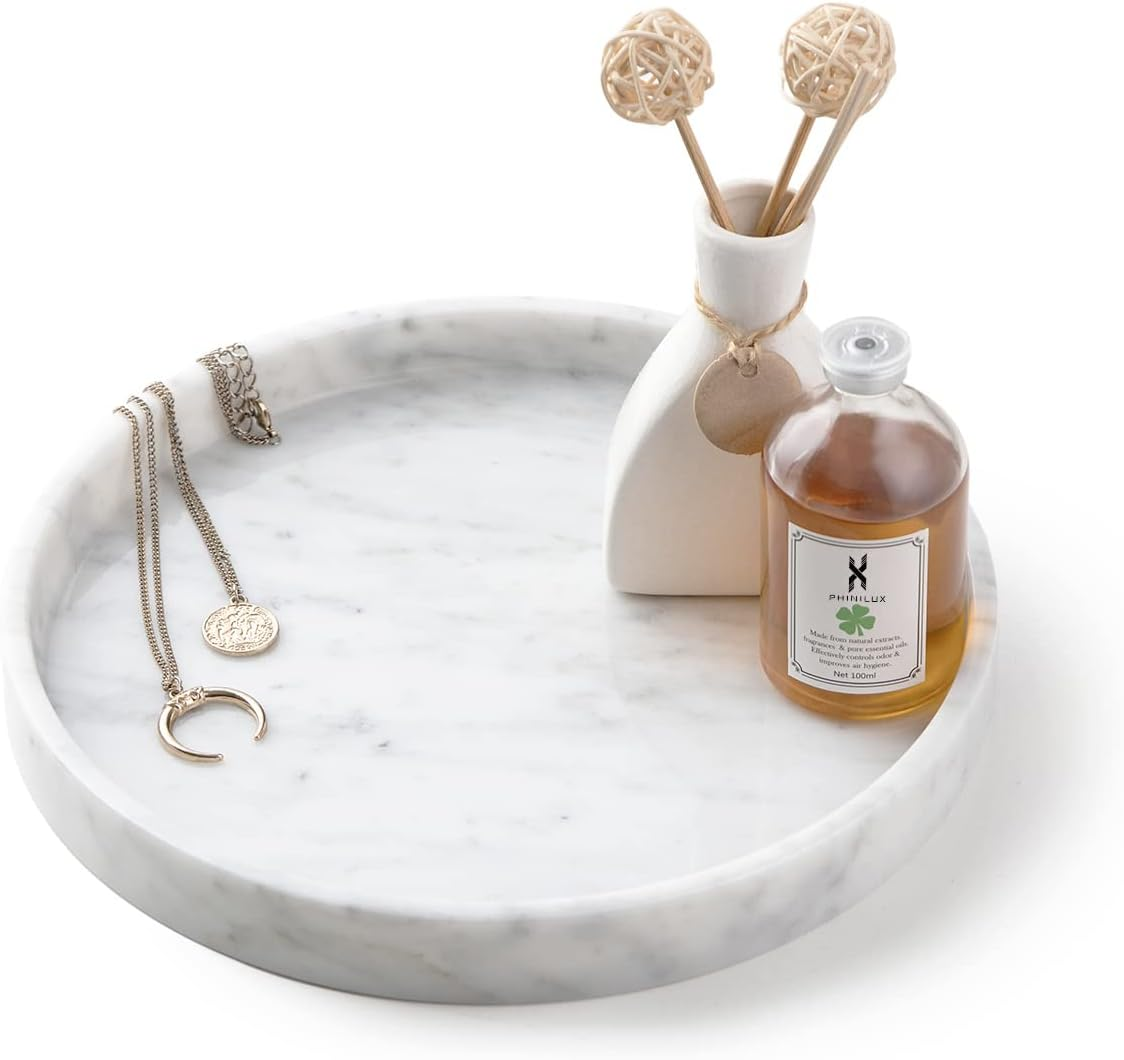 PHINILUX   100% Marble round Vanity Tray 10&lsquo;&rsquo;, Minimalist Modern Decor & Serving Trays for Bathroom, Kitchen, Nightstand, Jewelry Ring Dish Holder, Table Accents Decor, White