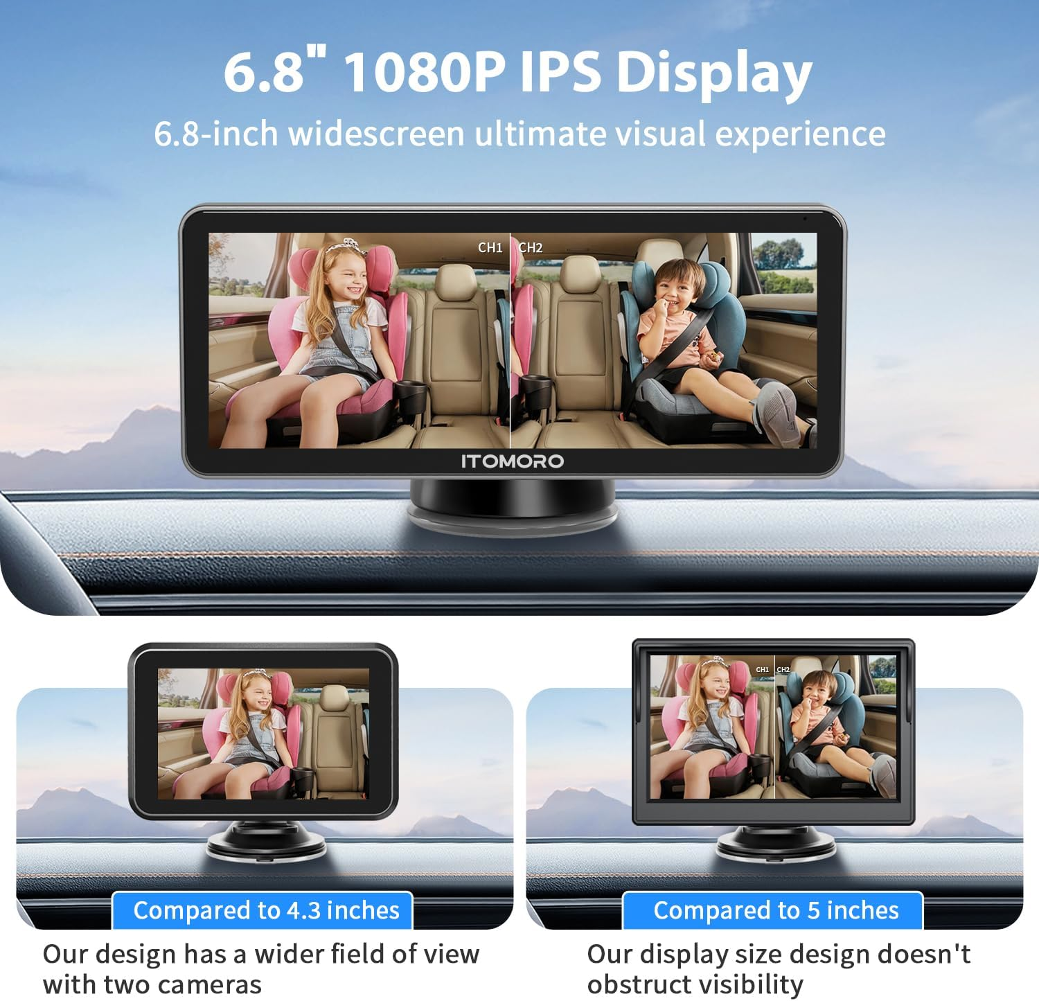 Itomoro Baby Car Camera Dual-Channel 6.8 Inch HD 1080P Display with 2 IR Night Vision, Baby Car Mirror Easily Install Car Camera for Baby with Crystal Clear Wide View for Rear Facing Seat image number 2