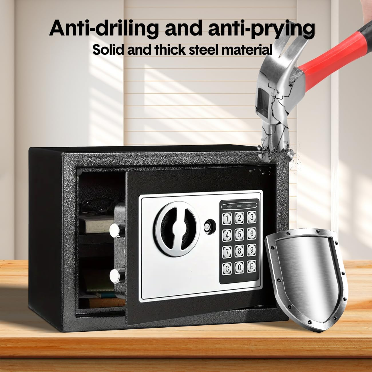 Aumerage Digital Safe Box Security Cabinet, Electronic Safe with Digital Keypad & 2 Emergency Keys, Home Office Hotel Money Cash Lock Deposit Password Safe Box (6.4L, Black) image number 4