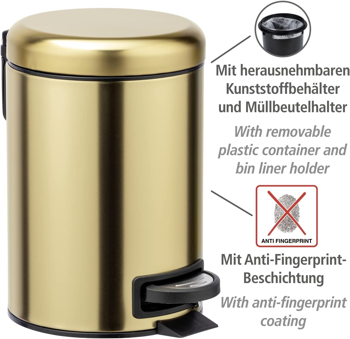 Wenko Leman Cosmetic Pedal Bin Matte Gold 3 L &ndash; Cosmetic Bin, Rubbish Bin with Anti-Fingerprint, Capacity: 3 Litres, Stainless Steel, 17 X 25 X 22.5 Cm, Gold image number 3
