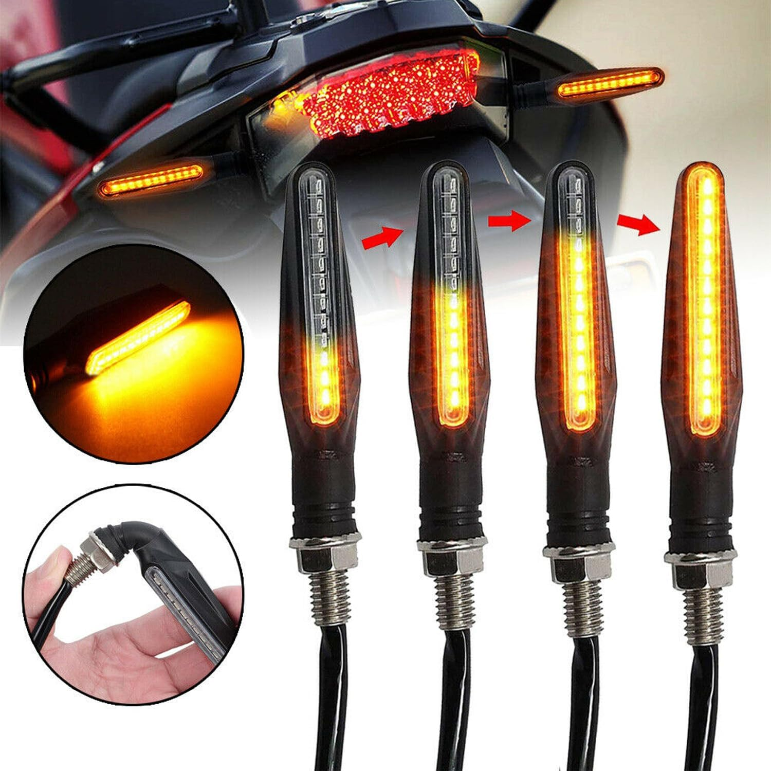 4PCS Motorcycle LED Turn Signal Flowing Water Light Amber Blinker Lamp image number 4