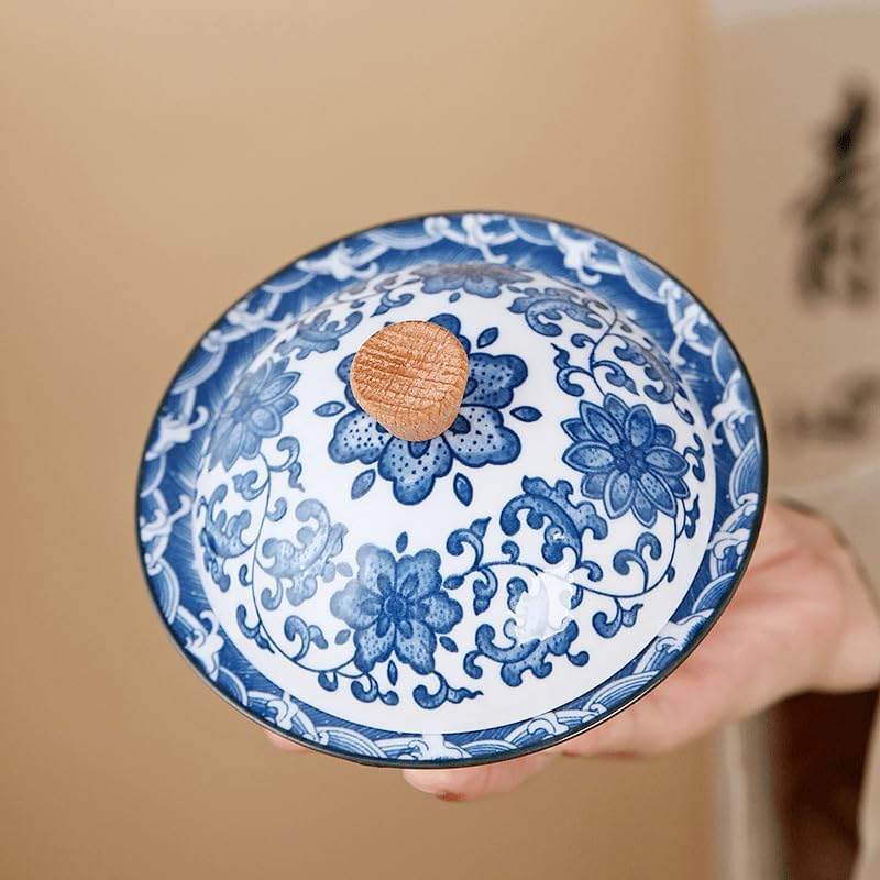 Chiorgone Vintage Blue and White Porcelain Ashtray with Lid - Chinese Feng Shui Floral Ceramic Windproof Ash Holder for Home, Office, Patio Decor image number 1