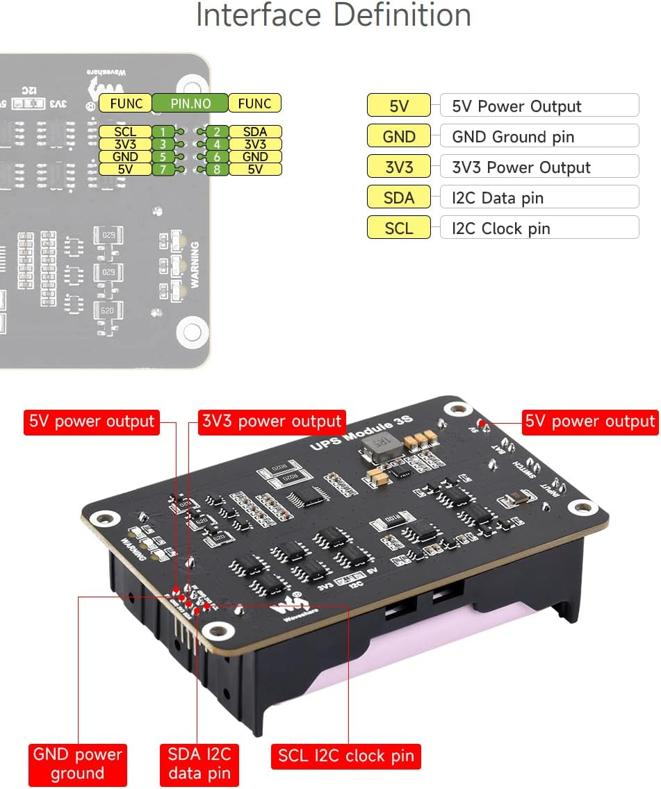 Waveshare Uninterruptible Power Supply (UPS) Module, Supports Charging and Power Output at the Same Time, 3S & 5V 5A Output, Compatible with Raspberry Pi Board image number 3