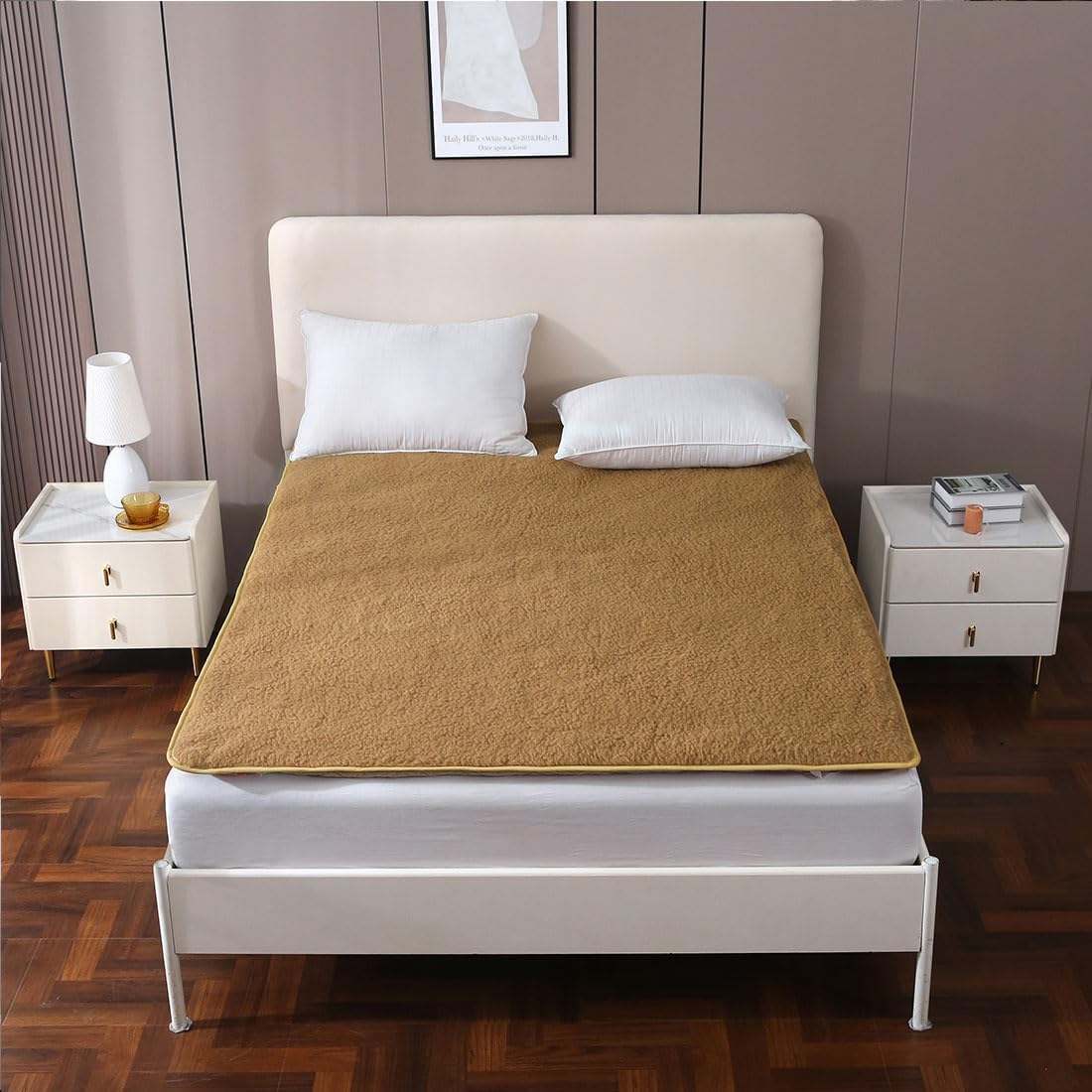 Wool Mattress Topper,Extra Thick Mattress Pad Cover,Breathable and Warm Mattress Pad for Bed,Reversible Wool Underlay/Underblanket,Four Corner Straps(Cream,183X203Cm) image number 2