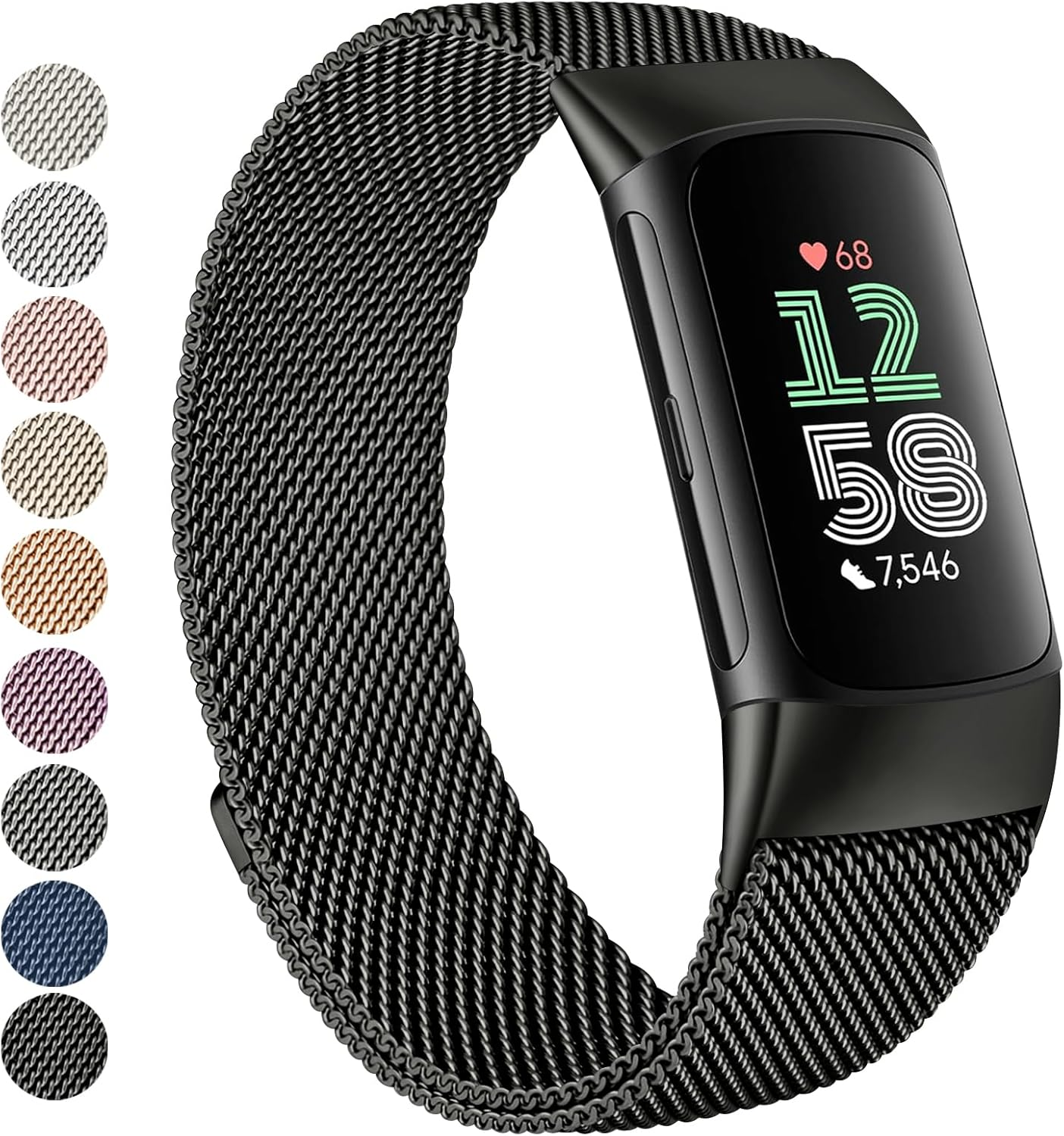 Vanjua for Fitbit Charge 6 / Charge 5 Bands Women Men, Stainless Steel Metal Mesh Loop Adjustable Magnetic Wristband Replacement Strap Compatible with Fitbit Charge 6 / Charge 5 Fitness Tracker