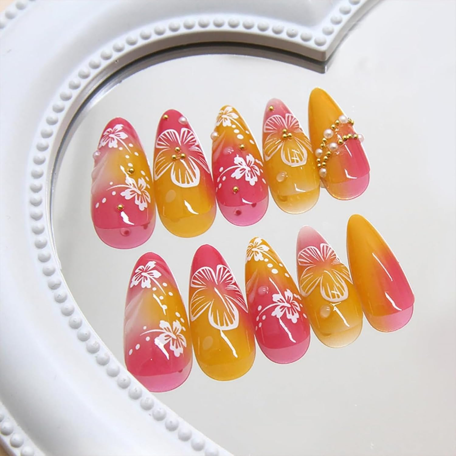 GHQHSQ 24Pcs Flower Press on Nails Medium Almond Fake Nails 3D Floral with Gold Pearl Rhinestones Glitter Glossy Design Orange Full Cover Stick on Nails Spring Summer False Nails for Women Acrylic Nails image number 3