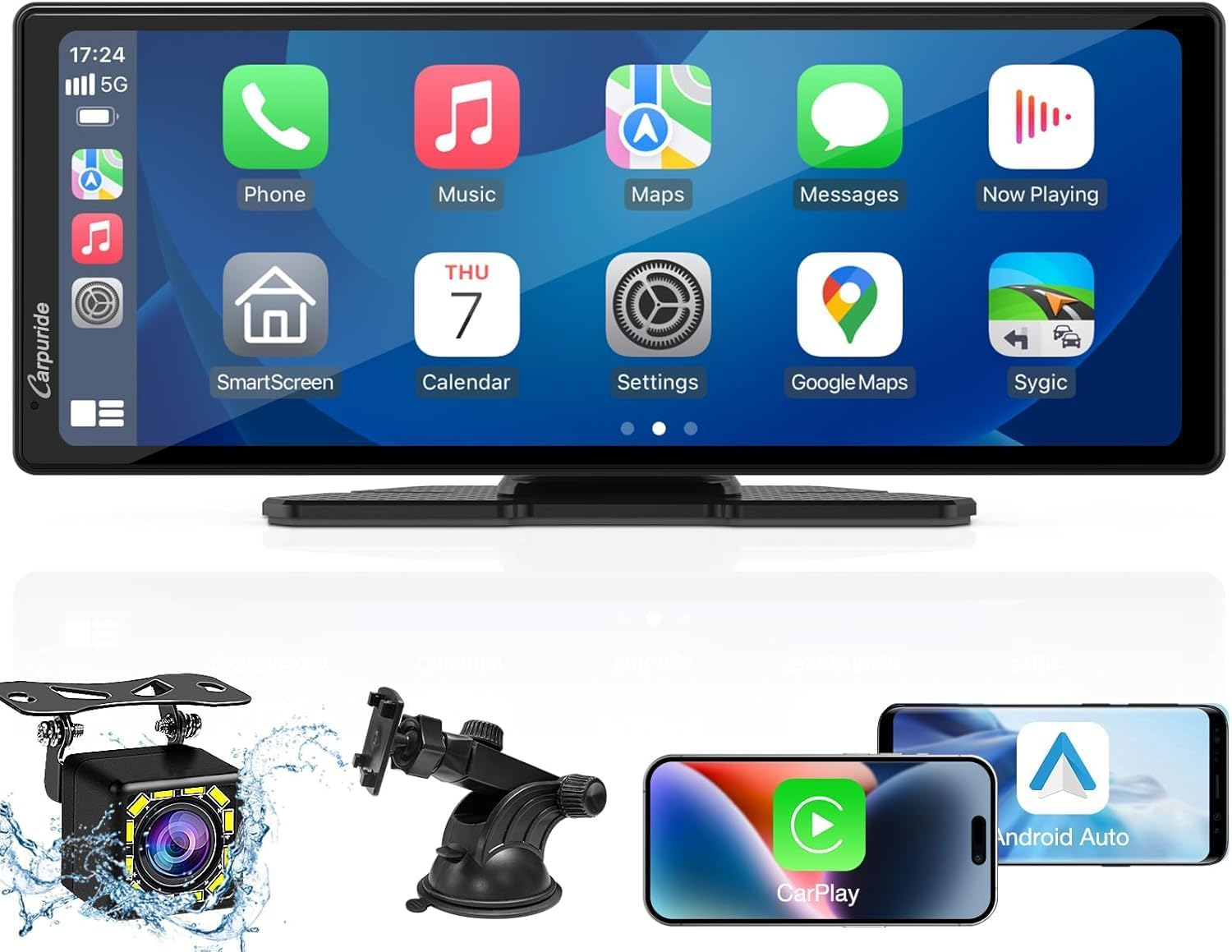 10.26" Portable Wireless Carplay Screen for Car, Apple Carplay & Android Auto, 4K Dash Cam with 1080P Backup Camera, Touchscreen DVR, Dual Recording, Includes Mount & 64GB Card image number 2