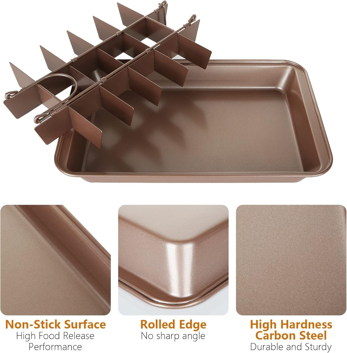 PENGQIMM Brownie Tin Brownie Tray with Dividers Chocolate Cake Tin Non-Stick 18-Slot Rectangular Carbon Steel Traybake Tin Pan for Oven Baking Roasting Cake Cookies Lasagna, 31X20X4Cm image number 5