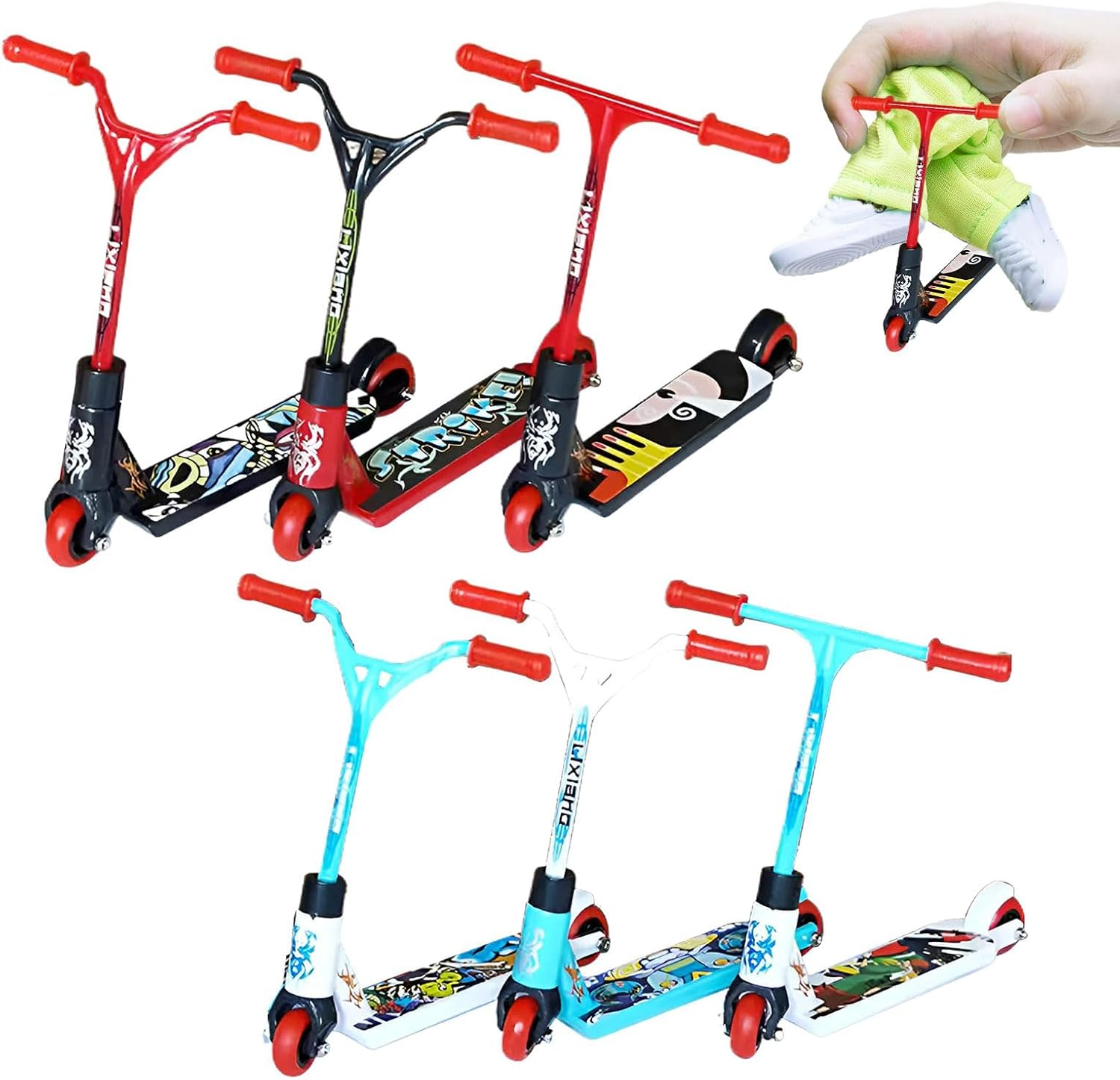 6PCS Tech Deck Scooter,Finger Scooter,Plastic Tech Deck,Cute Mini Teck Deck,Finger Skateboards for Party/Finger Training/Gift/Finger Board/Finger Bike(Straight & Curved Front - Red*2+Blue*2+Black*2) image number 4