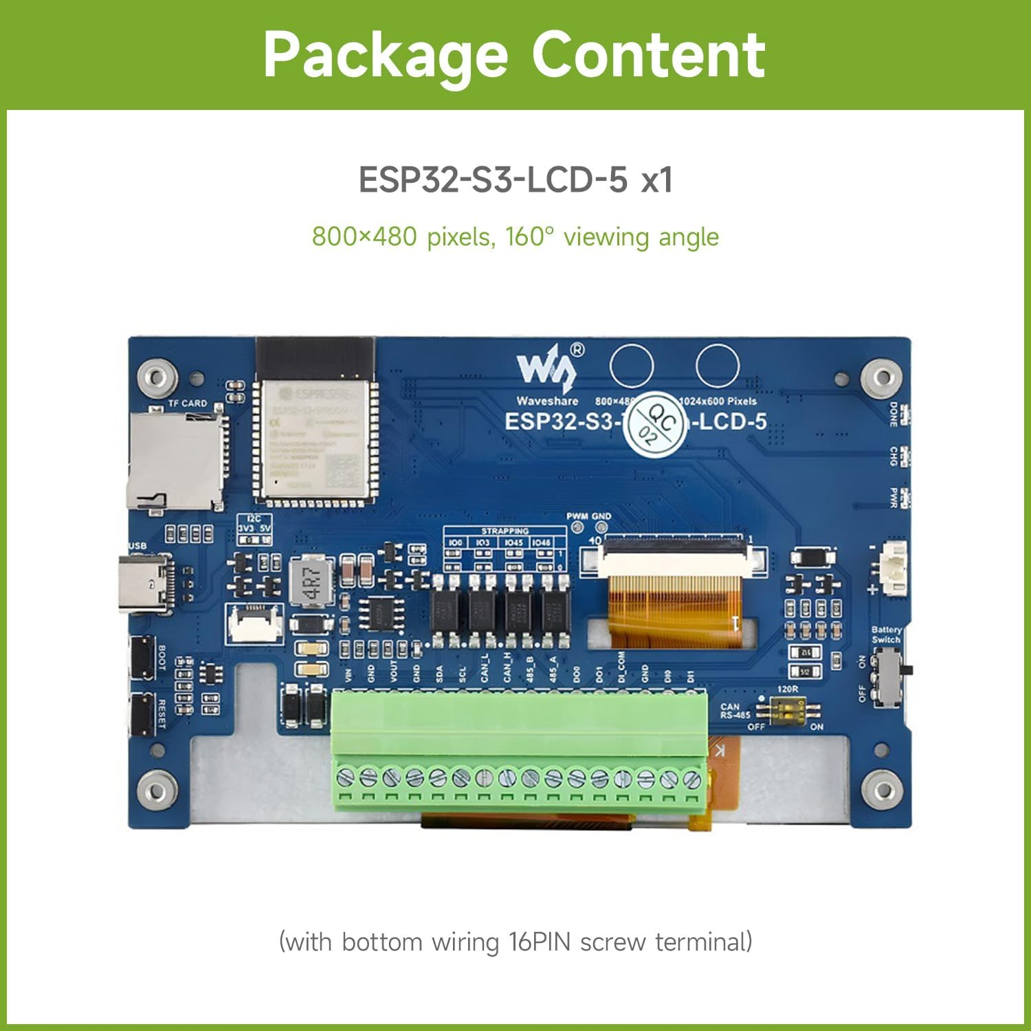 Waveshare ESP32-S3 5Inch Display Development Board, 800&times;480, 32-Bit LX7 Dual-Core Processor, up to 240Mhz Frequency, Supports WI-F & Blue-T, with Onboard Antenna, No Touch image number 5