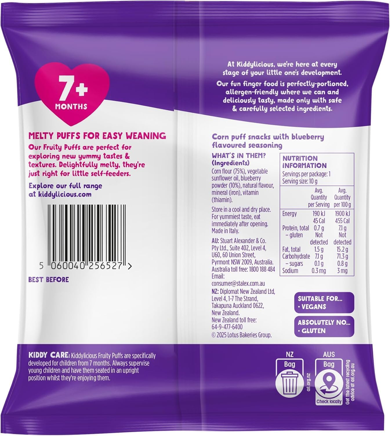 Kiddylicious - Fruity Puffs - Blueberry - Delicious Snacks for Babies - Suitable for 7+ Months - 10G