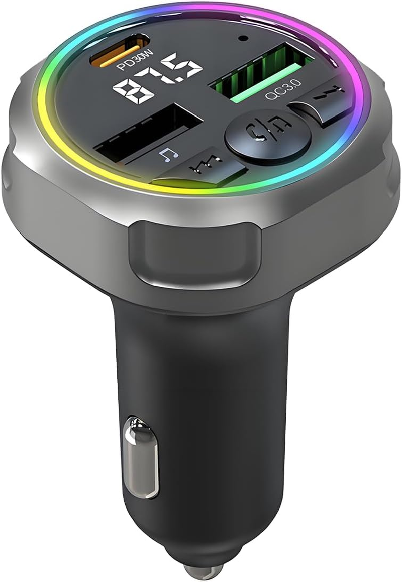 QUMOX Bluetooth 5.3 FM Transmitter Car Charger, PD 30W + QC3.0 Fast Charging, RGB Ambient Light, Dual USB Ports, Hands-Free Calling, Hi-Fi Music, Compatible with Iphone/Samsung/All Vehicles image number 5