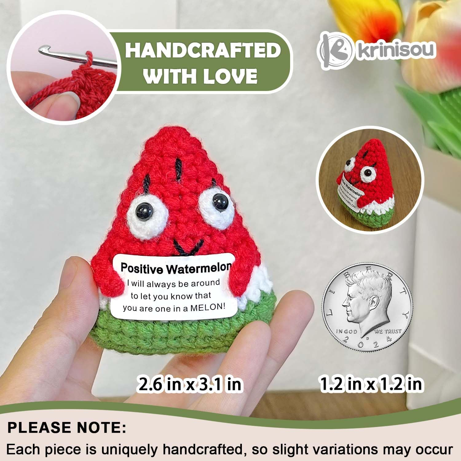 Crochet Watermelon Gift, Positive Crochet Animals, Red, Yarn-Wrapped, Bamboo, Home Decor, Gift-Giving, Emotional Support image number 6