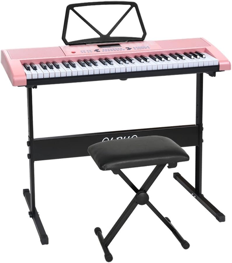 ALPHA 61 Keys Electronic Piano Keyboard Portable Digital Keyboard with Audio Input, Microphone Input, Headphone Output, Tones Rhythms LED Electric Holder Music Stand Adaptor Power Pink