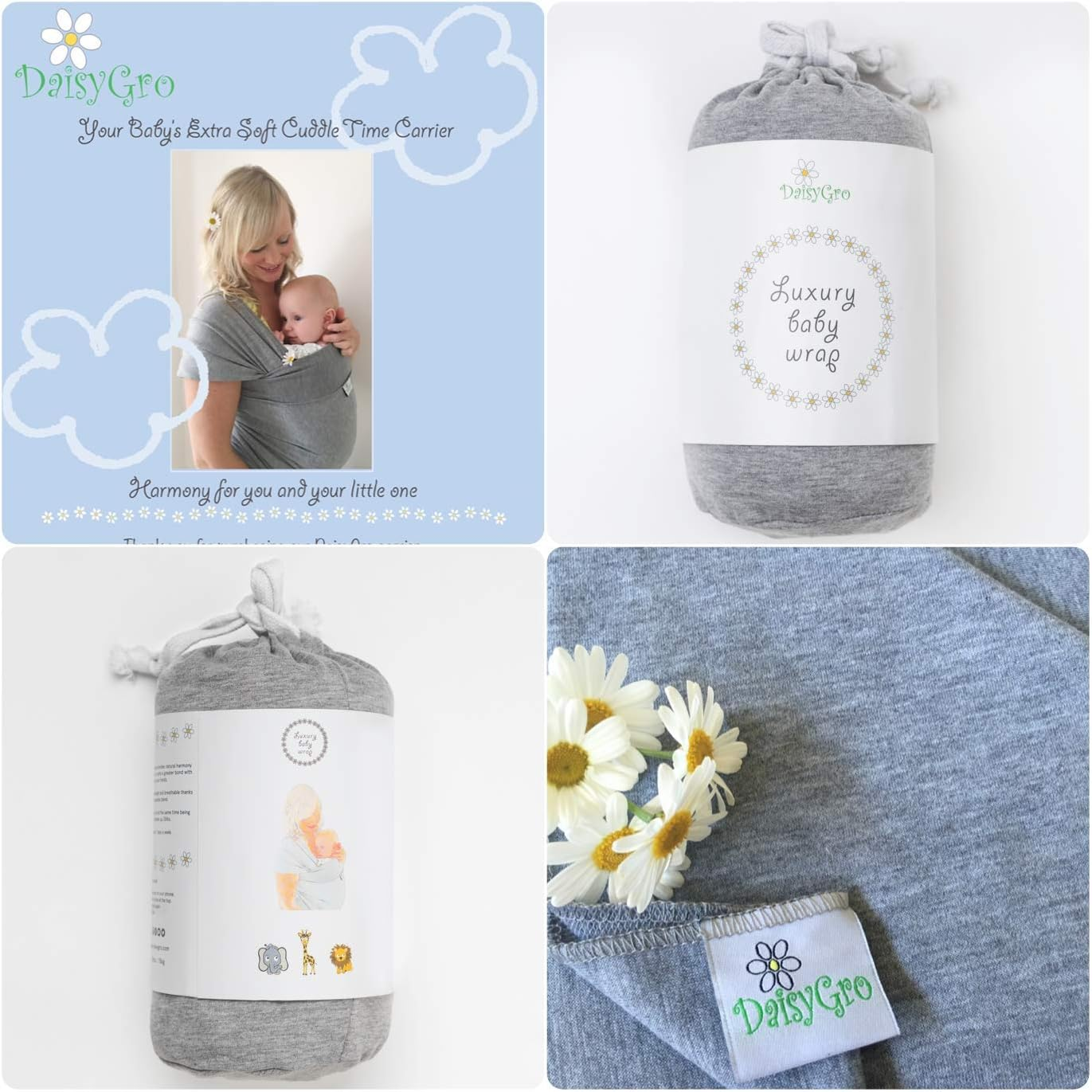 Daisygro Certified Organic Baby Wrap Carrier, GOTS Organic, Small/Medium or plus Size, Black or Grey, CPSC Safety Tested image number 5