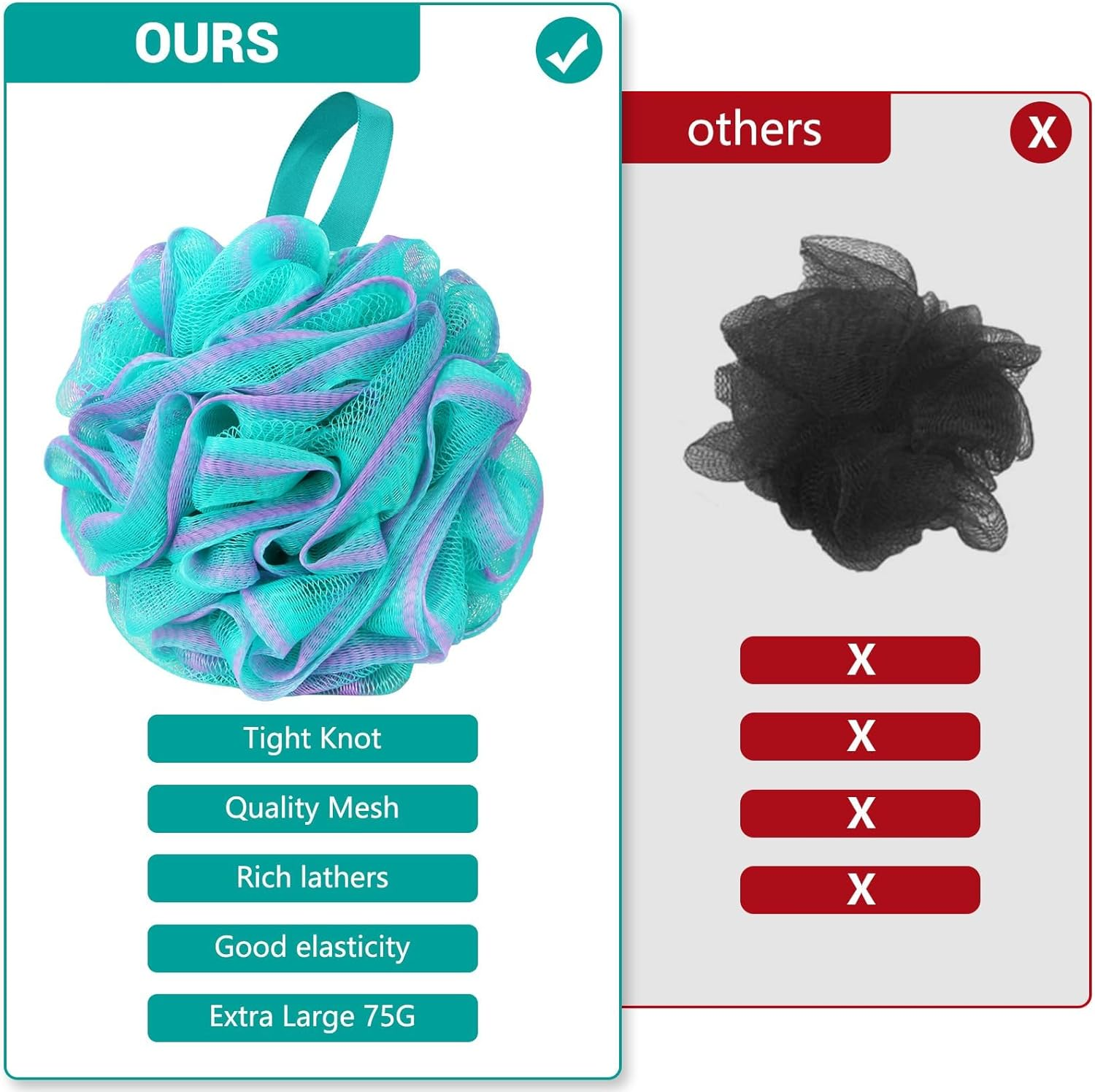 Vervesourced Shower Puff Loofah Sponge Extra Large,Set of 4,75G/PC, Soft Body Scrubber Bath Sponge for Women and Men,Scrunchie Mesh Pouf Bathroom Sponge Skin Exfoliating image number 4