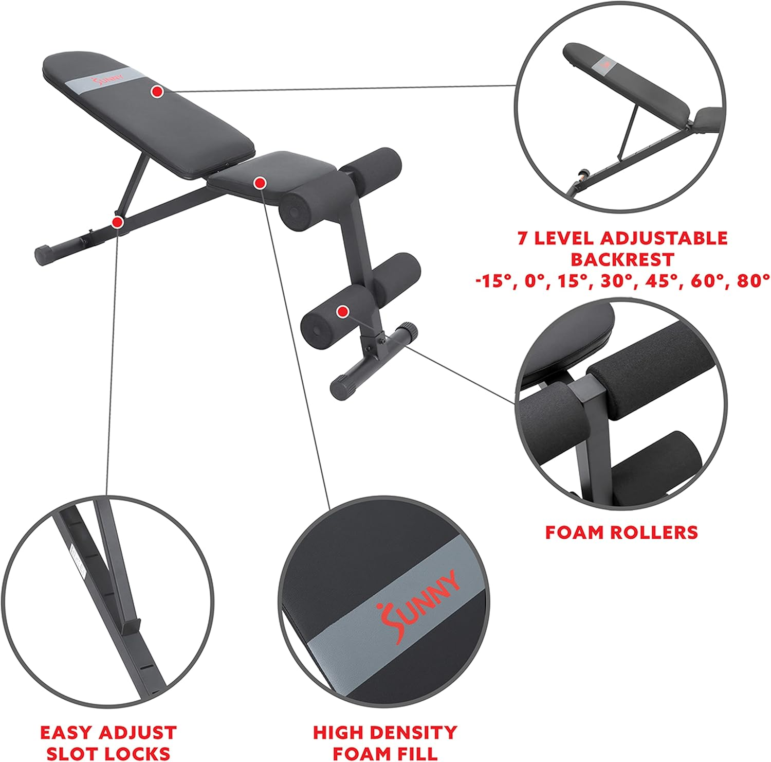 Sunny Health & Fitness Adjustable Multi-Function Incline Decline Weight Bench for Full Body Workout, Chest Exercise, Strength Training, Home Gym - SF-BH620038 image number 4