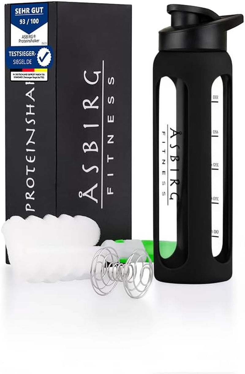 Asbirg Glass Protein Shaker 700 Ml - Bpa-Free, Leak-Proof & Robust - Protein Shaker with Borosilicate Glass Mixball - Drinking Bottle for Fitness & Sports | Aqua Blue