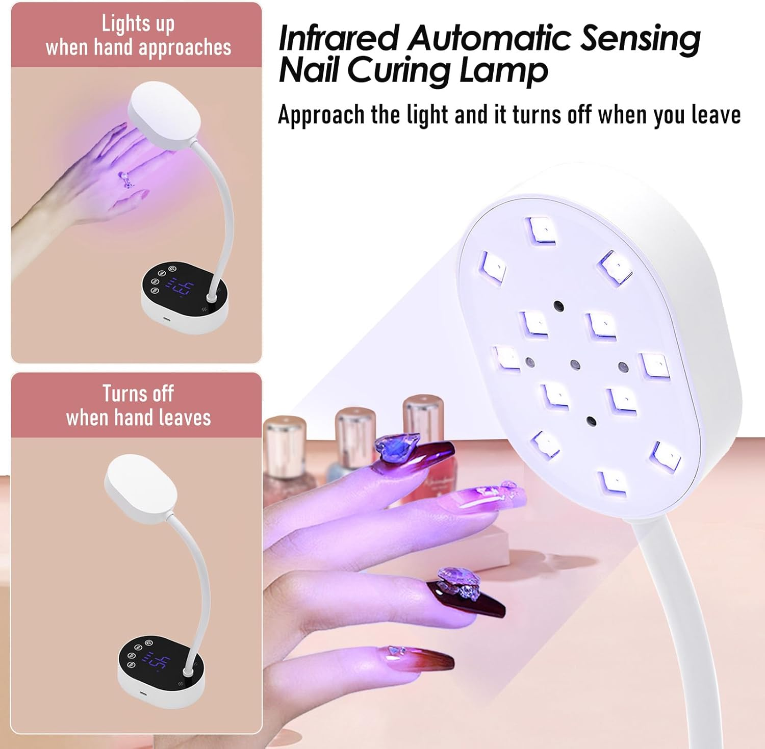 Xoxomeg 36W UV LED Nail Lamp, Rechargeable Nail Light with Auto Sensor & Touch Screen, Portable USB Gel Nail Dryer with 4 Timer Modes for DIY at Home, Salon (Pink) - Pink image number 4