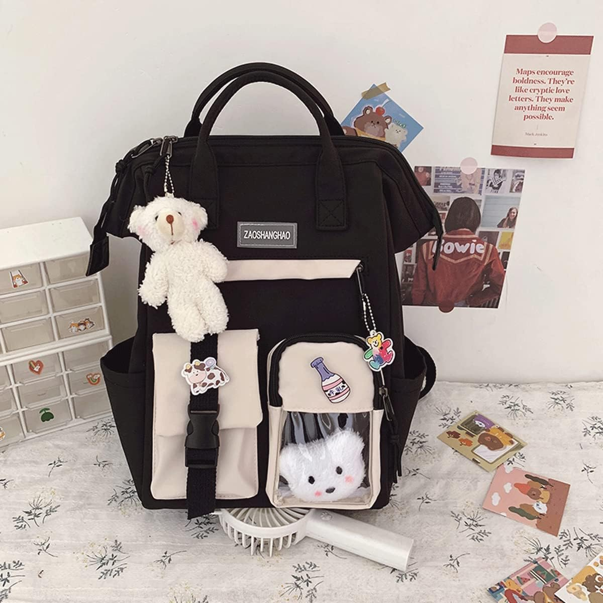 Eagerrich Cute Backpack with Cute Pin Accessories Plush Pendant for School Bag Student Girl Backpack - Black 1 image number 2