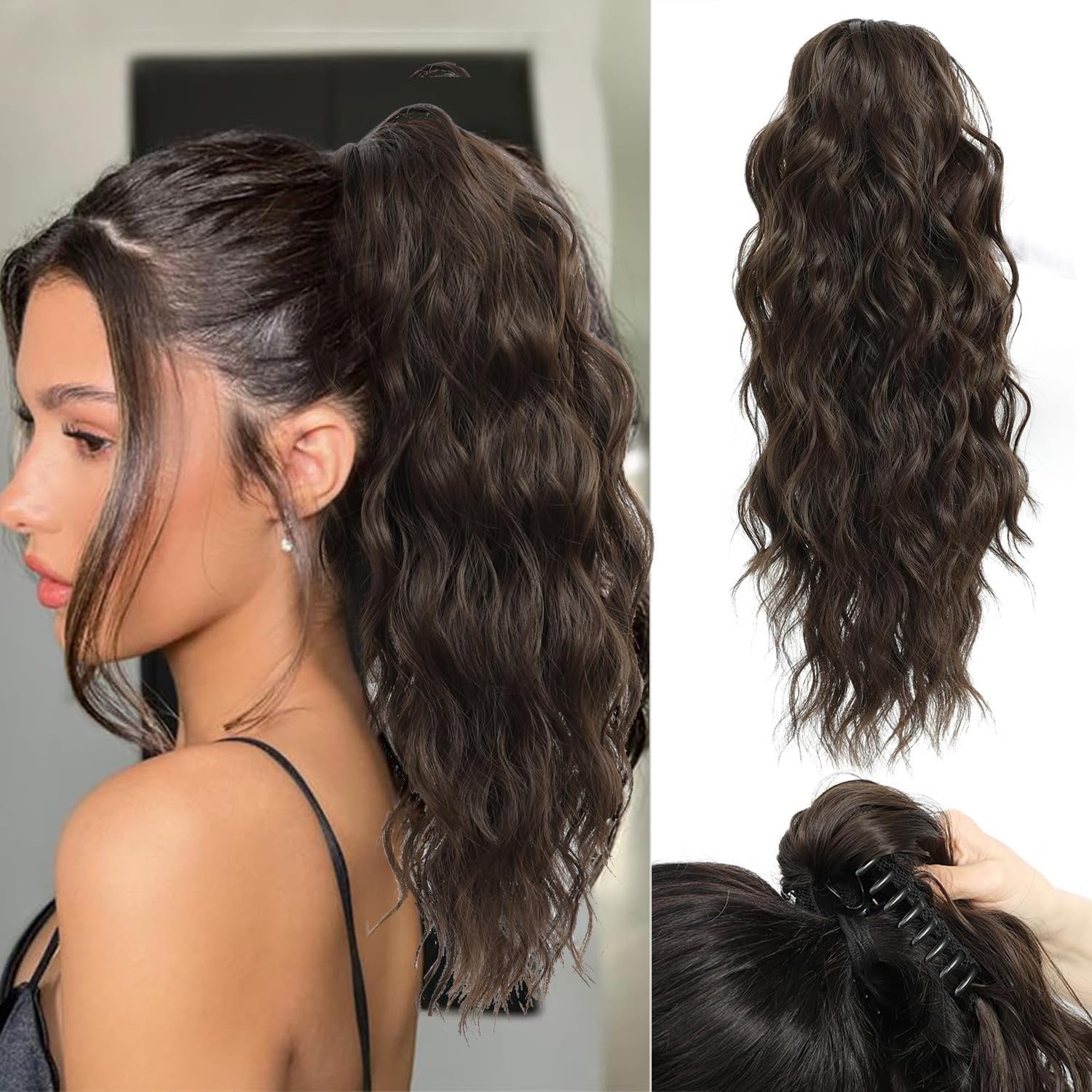 Fine plus Claw Clip Ponytail Extension, 45 Cm Long Curly Ponytail Extension Brown Synthetic Wavy Extensions Clip in Ponytail Hairpieces for Women