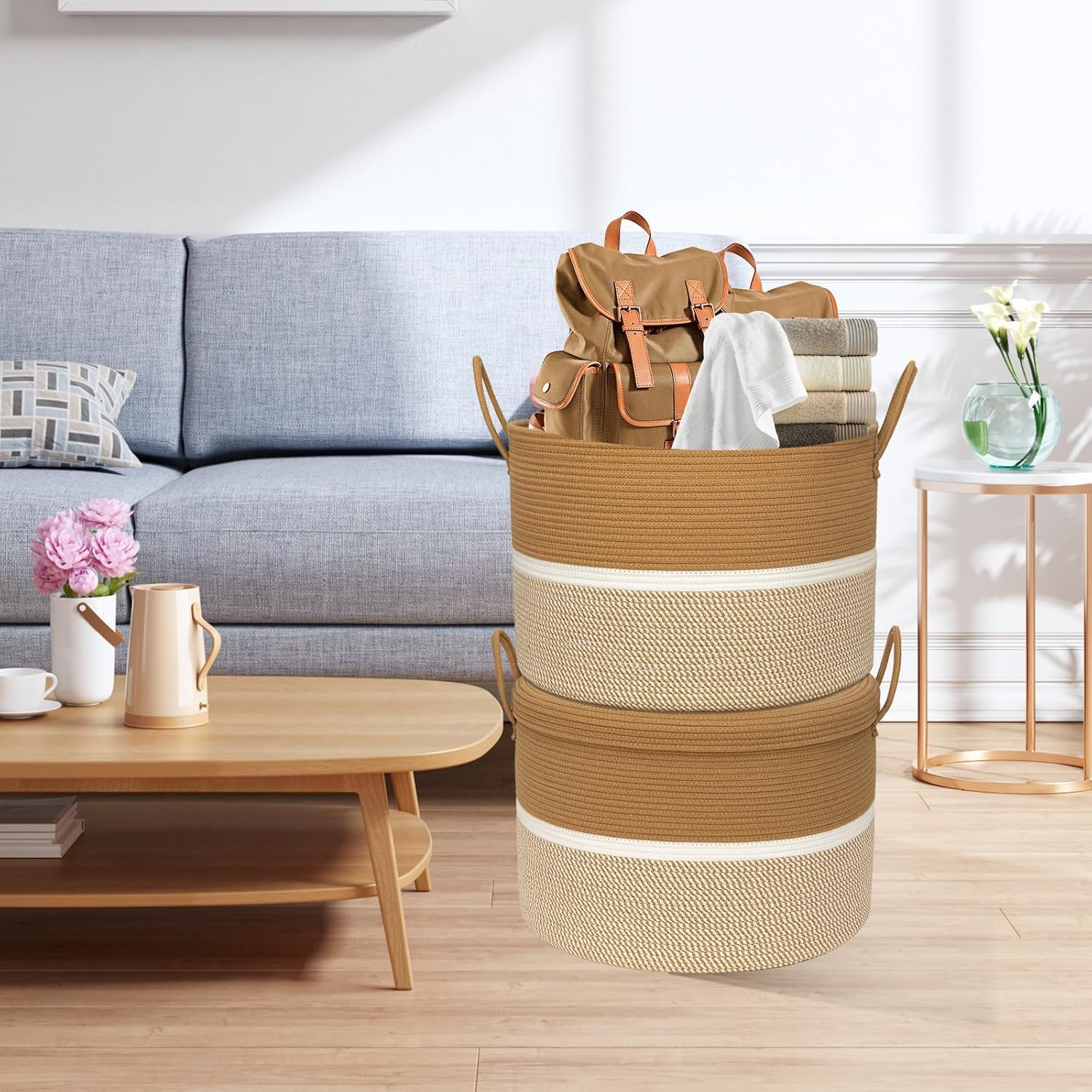 Extra Large Cotton Rope Woven Basket, Throw Blanket Storage Basket with Handles,Woven Storage Organizer for Blankets,Toys, Clothes, Rustic Rope Basket for Living Room, 50Cmx50Cmx38Cm image number 3