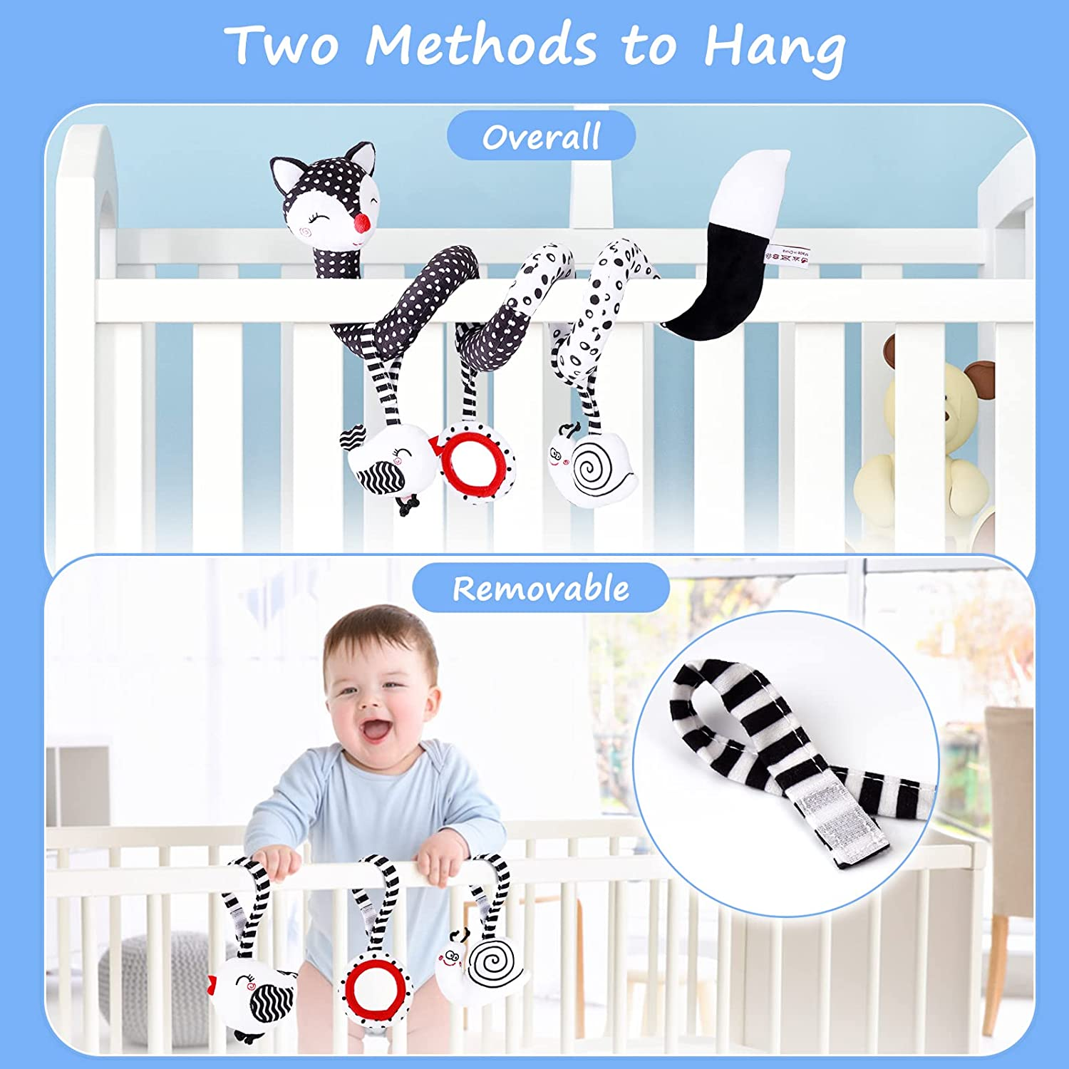 Spiral Hanging Stroller Baby Toys : Newborn Hanging Spiral Activity Black and White Dangling High Contrast Toy Musical Wrap Sensory Babies Infant Toys for Car Seat Stroller Mobile Bassinet Pram image number 1