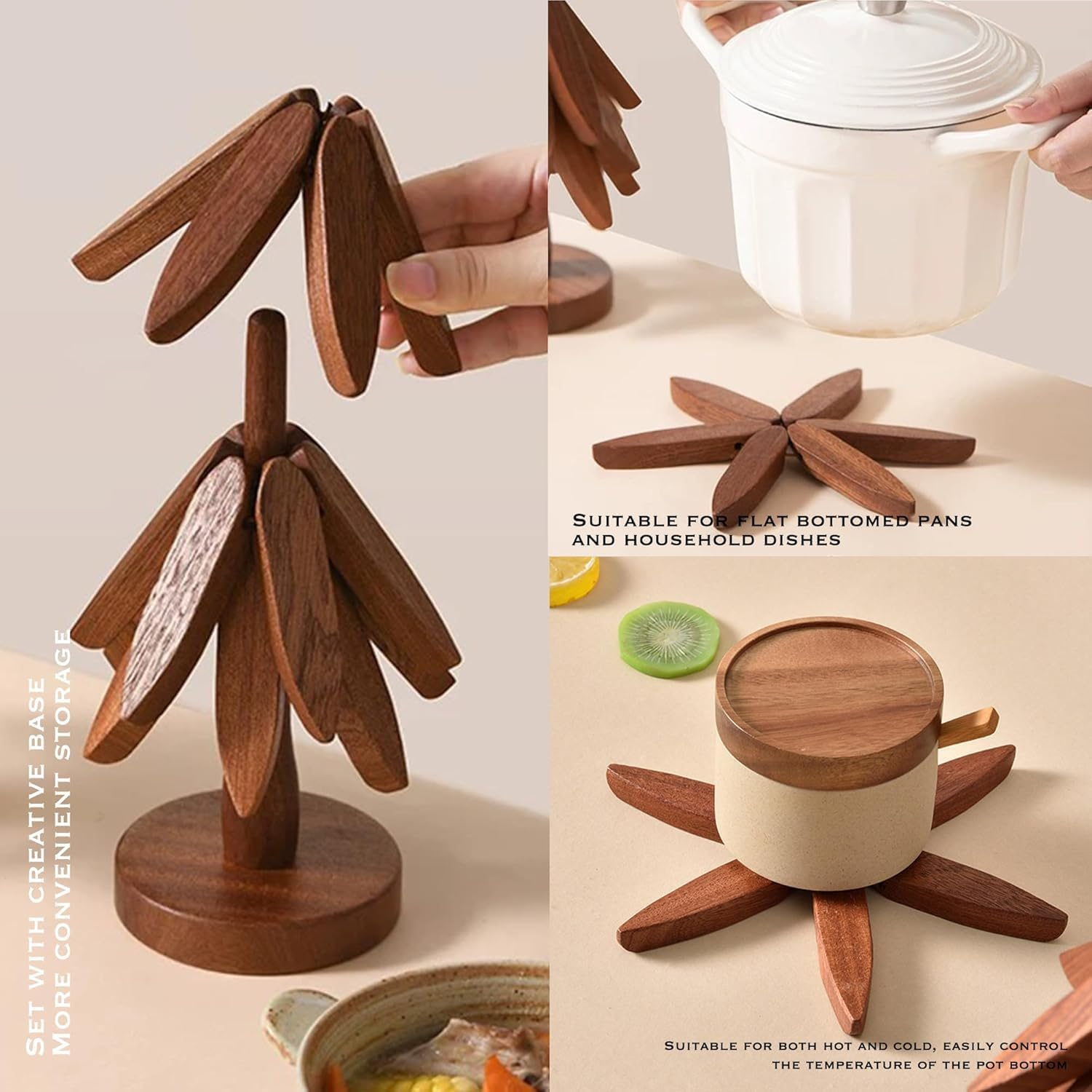 Bamboo Trivets for Hot Dishes, Wooden for Hot Dishes/Pot/Bowl/Teapot/Pot Holders, Trivet 4-Piece Set, Natural Foldable Wooden Trivet, Tree Shape Set (Dark 3 Trivets) image number 2