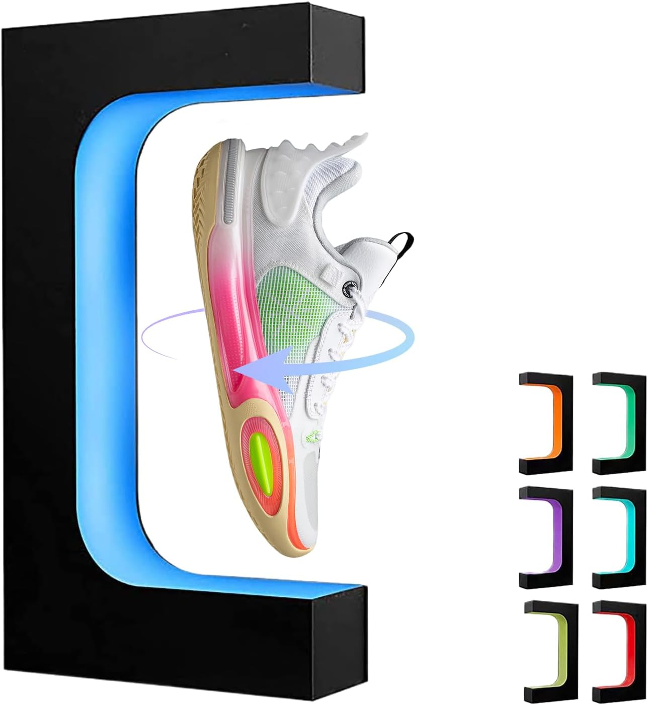 KAIGITE Magnetic Floating Shoe Display Stand, Rotating Levitation Shoe Rack with 16 Colors LED Lights, Levitating Sneaker Stand Holder for Shoe Collection Advertisement Exhibition (White)
