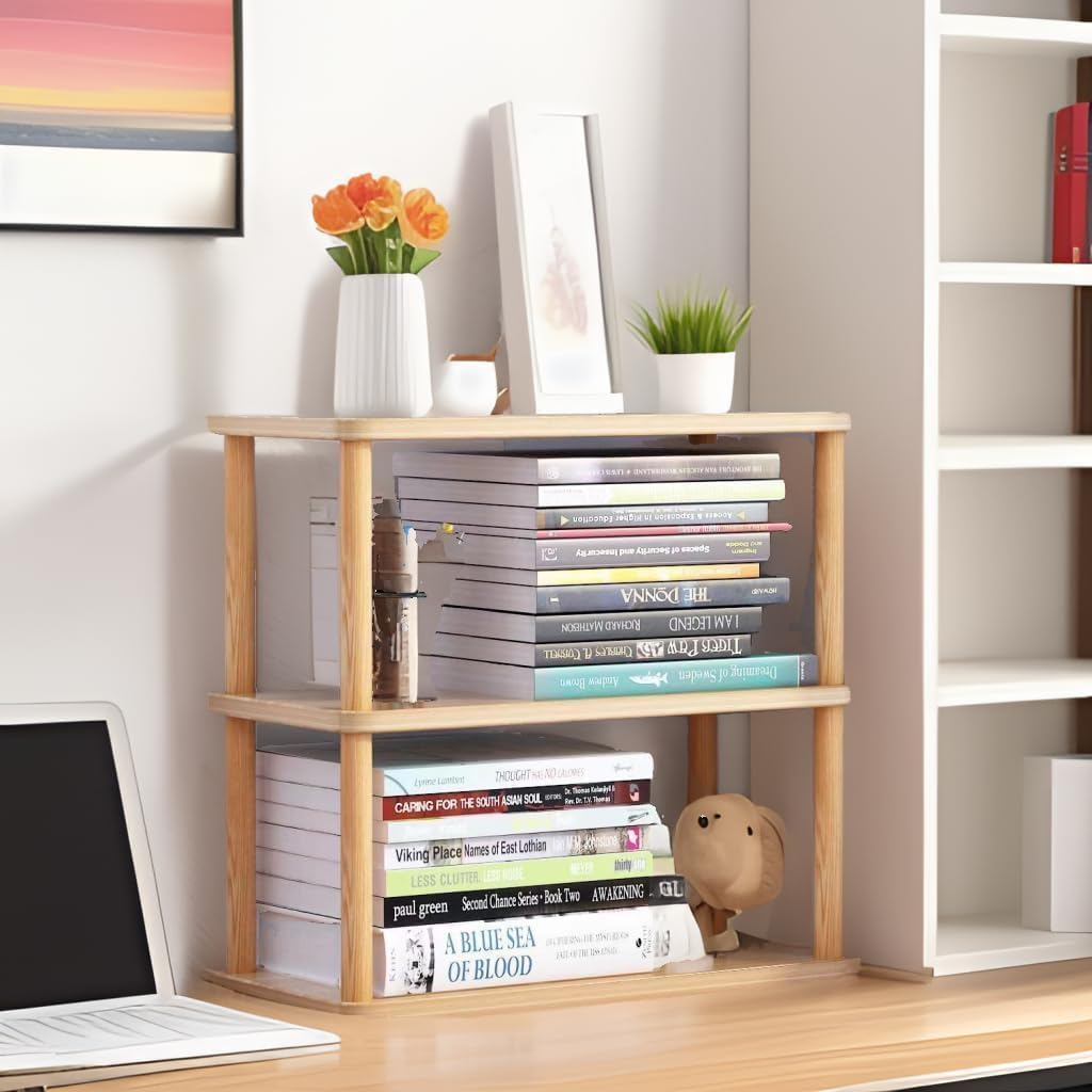 Hbluefat Desktop Organizer Shelf, 2-Tier Solid Wood Bookshelf Storage Rack, Small Countertop Bookcase Display Shelf for Home Office (Wood) image number 1