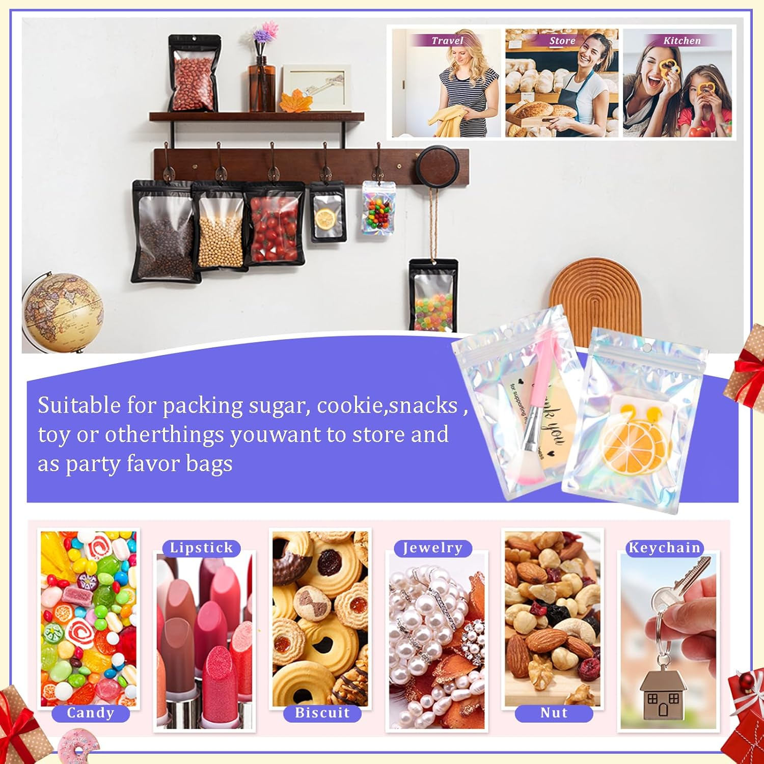 Black Foil Ziplock Mylar Bags - Medium Smell Proof Holographic Packaging, 50Pcs 14X20Cm Resealable Storage Pouches with Grip Seal for Food, Jewelry, Electronics image number 2