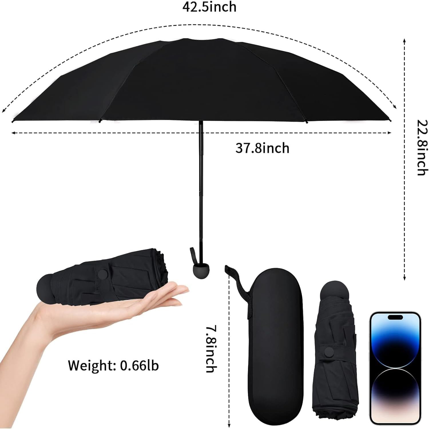 DOFOWOT Mini Travel Umbrella Windproof, UV Folding Umbrellas Compact Portable for Sun Rain(8 Ribs) image number 2