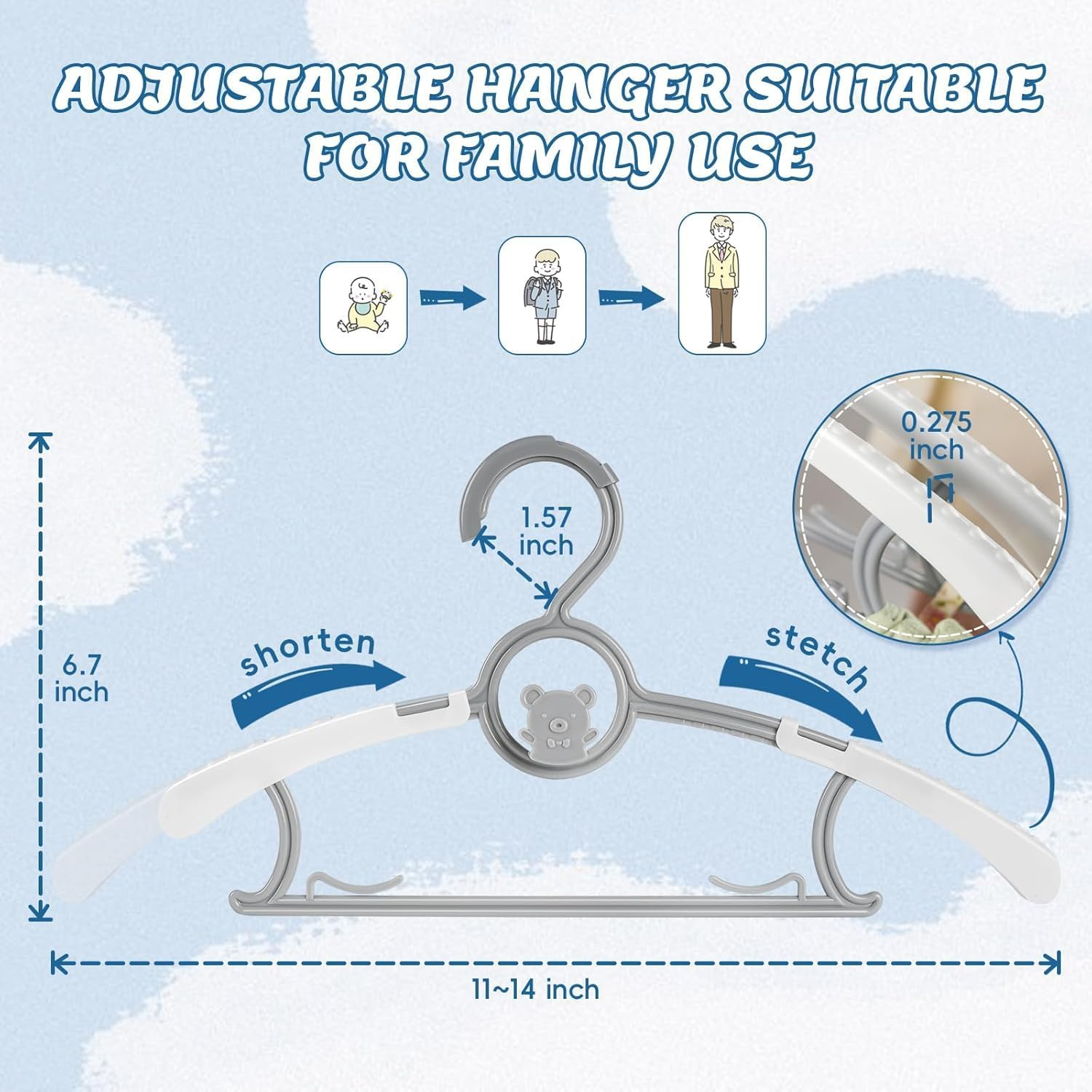 Kids Hangers 80 Pack Baby Hangers, Extendable & Adjustable Kid Hangers， Non-Slip Plastic Baby Clothes Hangers for Kids Infant Child - Stackable Hangers for Baby Clothes Grey Toddler Hangers (80 Pack) image number 5