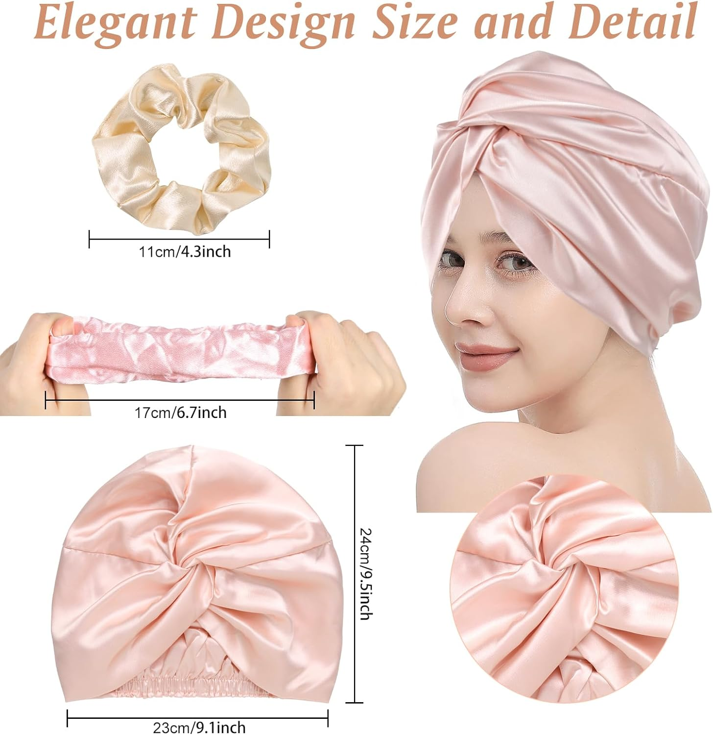 8Pack Satin Bonnet Silk Cap Pillowcase Scrunchies Set, Natural Night Bonnet Hair Wrap with Elastic Stay on Head, Silk Pillow Cases Elastic Ponytail Holders for Women Girls image number 5