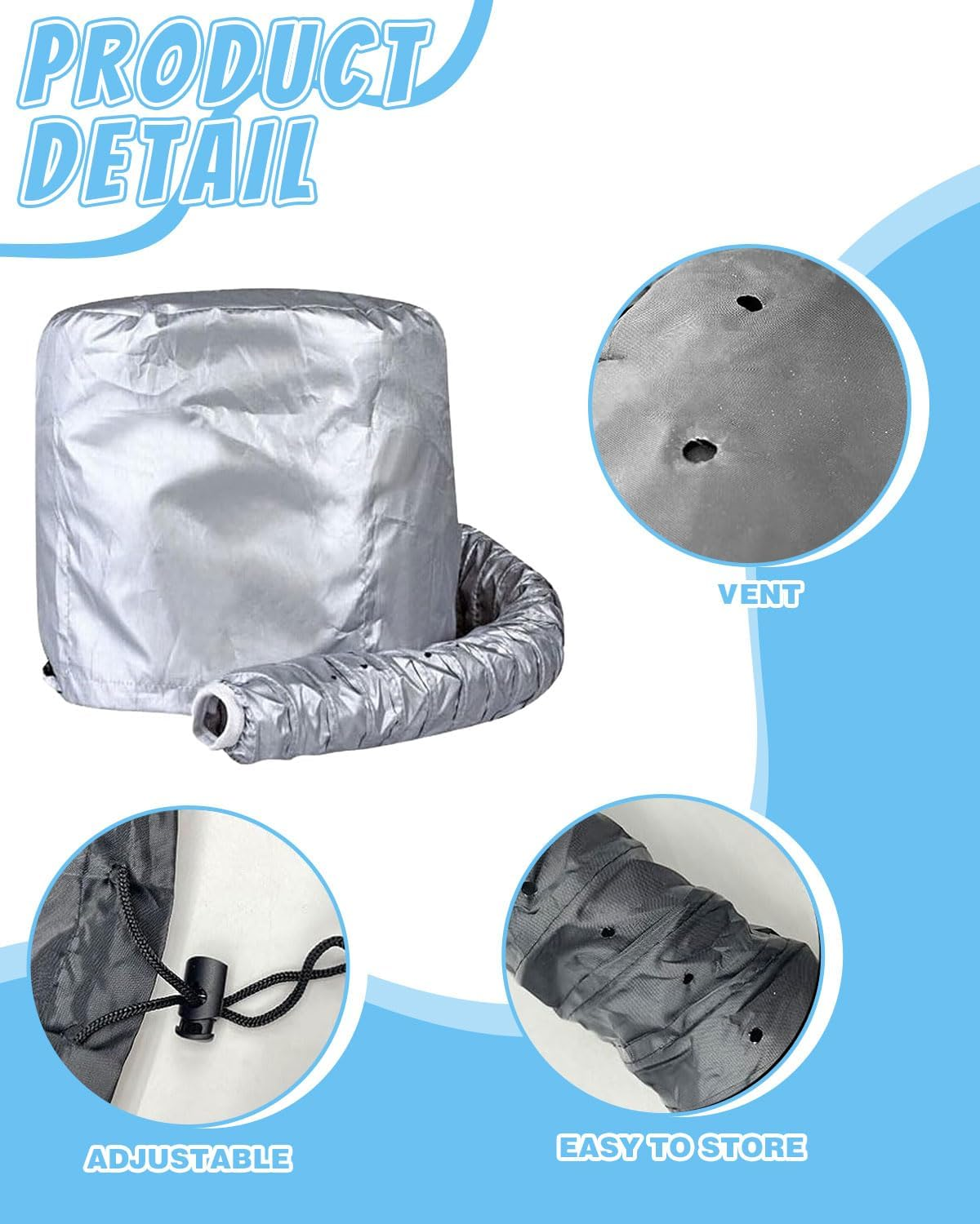 FUGLUS 2 Pieces Hair Dryer Cap, Adjustable Hair Dryer Attachment Hood Hair Treatment Depth Conditioning Cap Side Strap Hood with Elastic Band (Black + Silver)